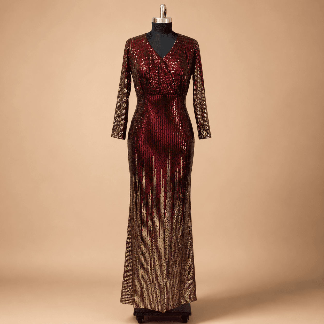 Wine Champagne Ombre Sequin Long Sleeve Gown