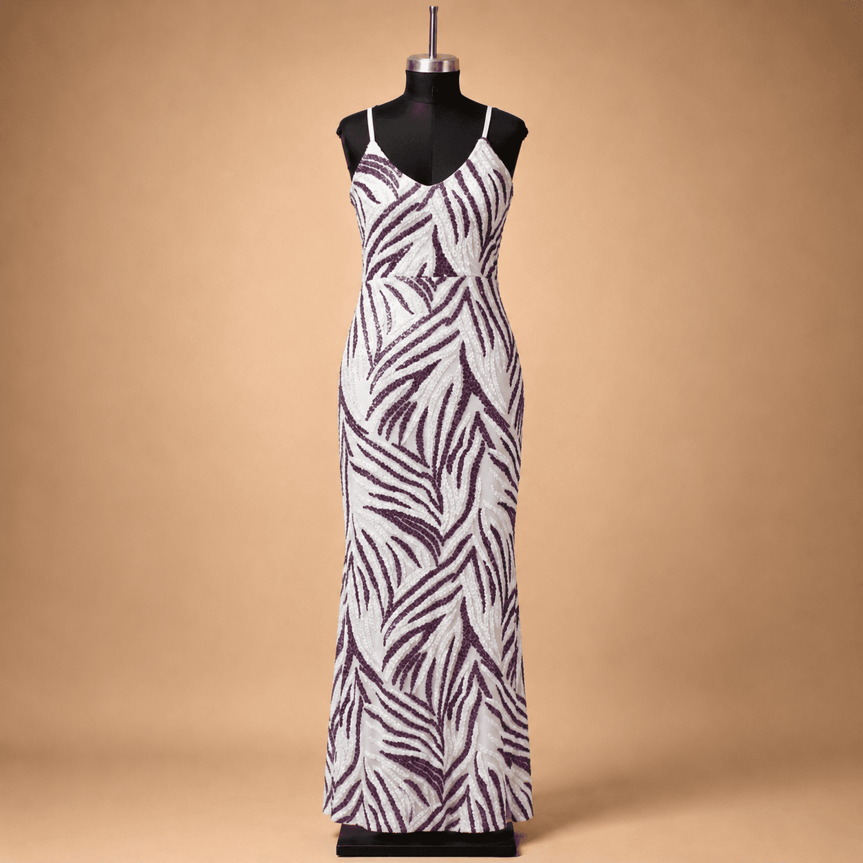 Silver White Zebra Sequin Sleeveless Gown