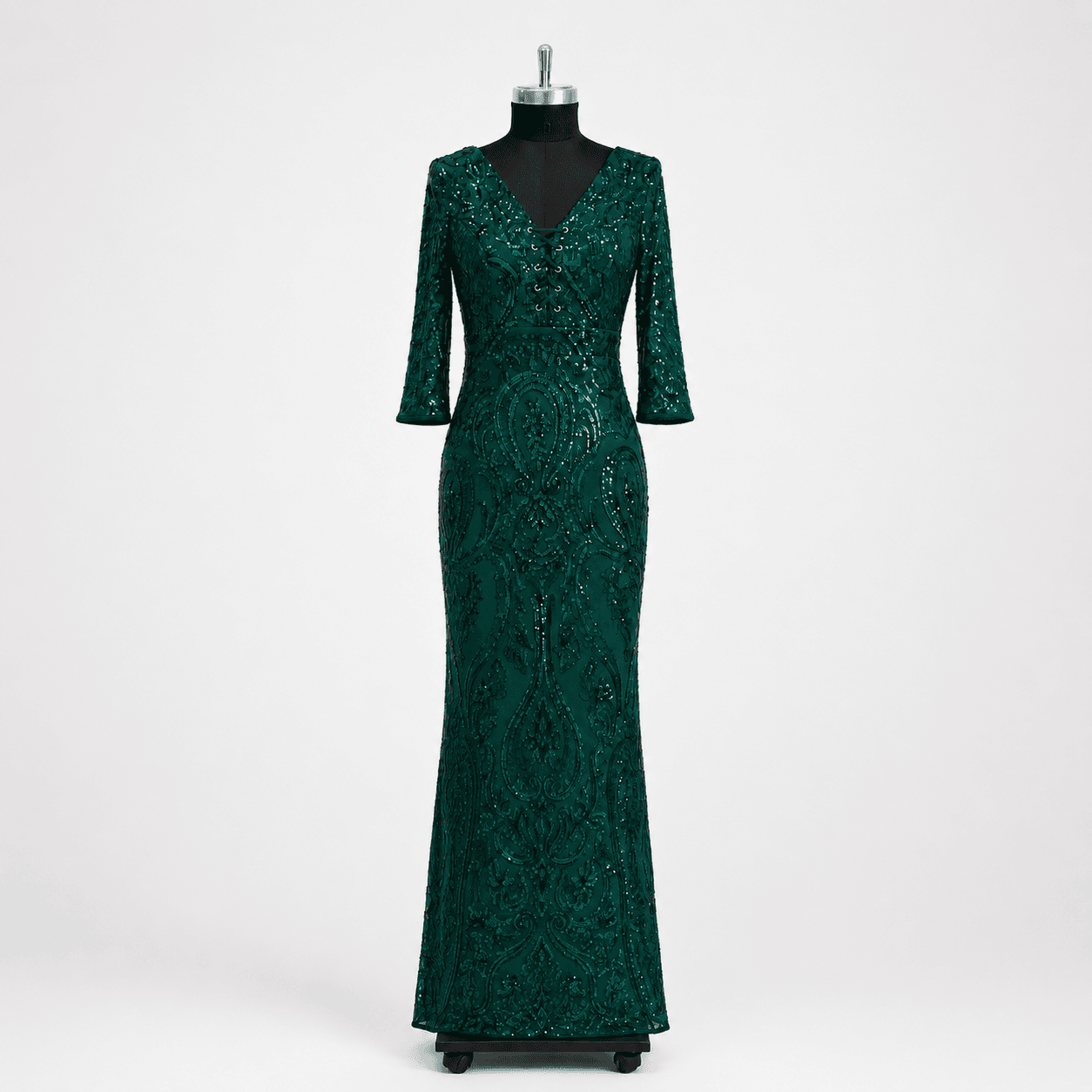 Emerald Green Sequin Long Sleeve Gown