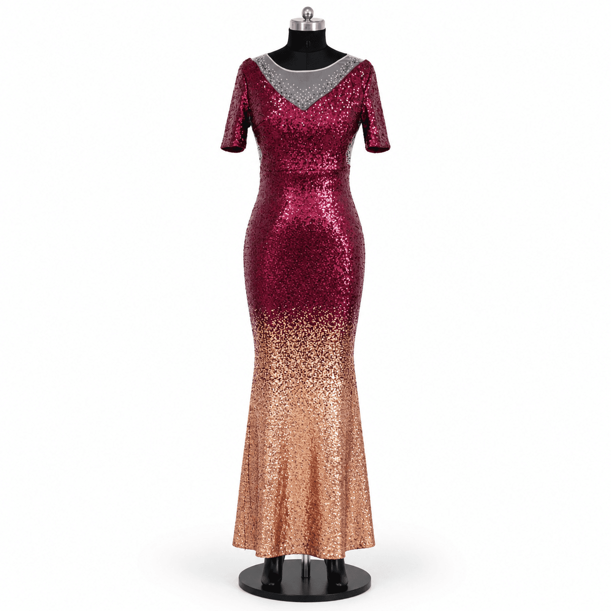 Magenta Peach Ombre Sequin Short Sleeve Gown