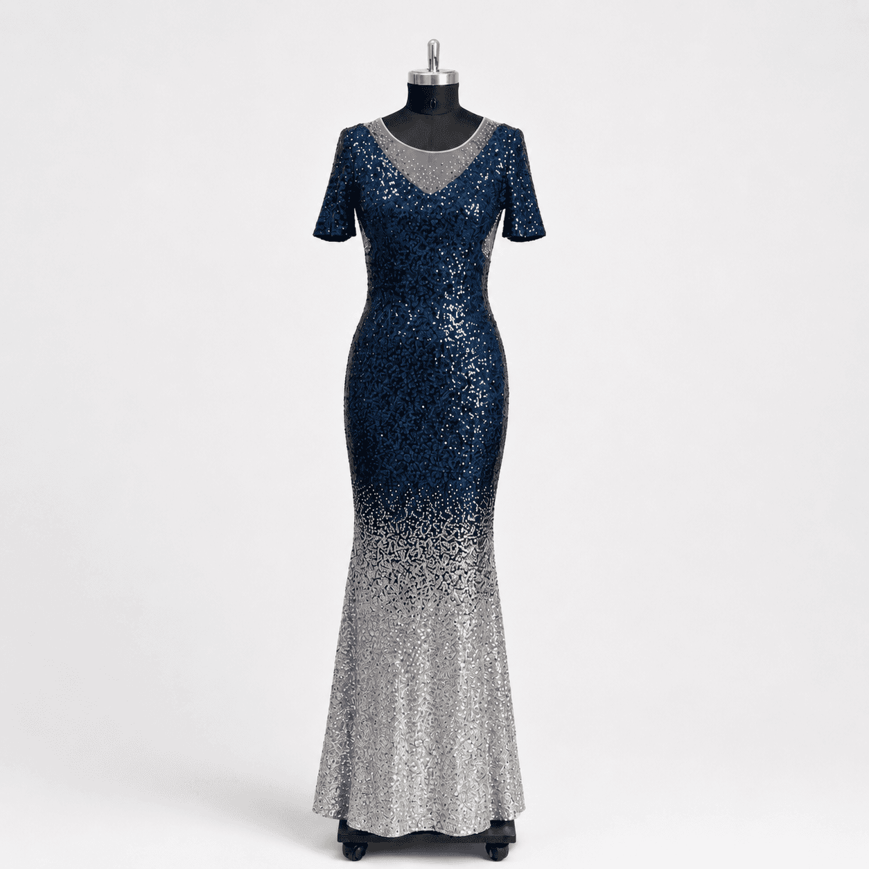 Navy Silver Ombre Sequin Short Sleeve Gown