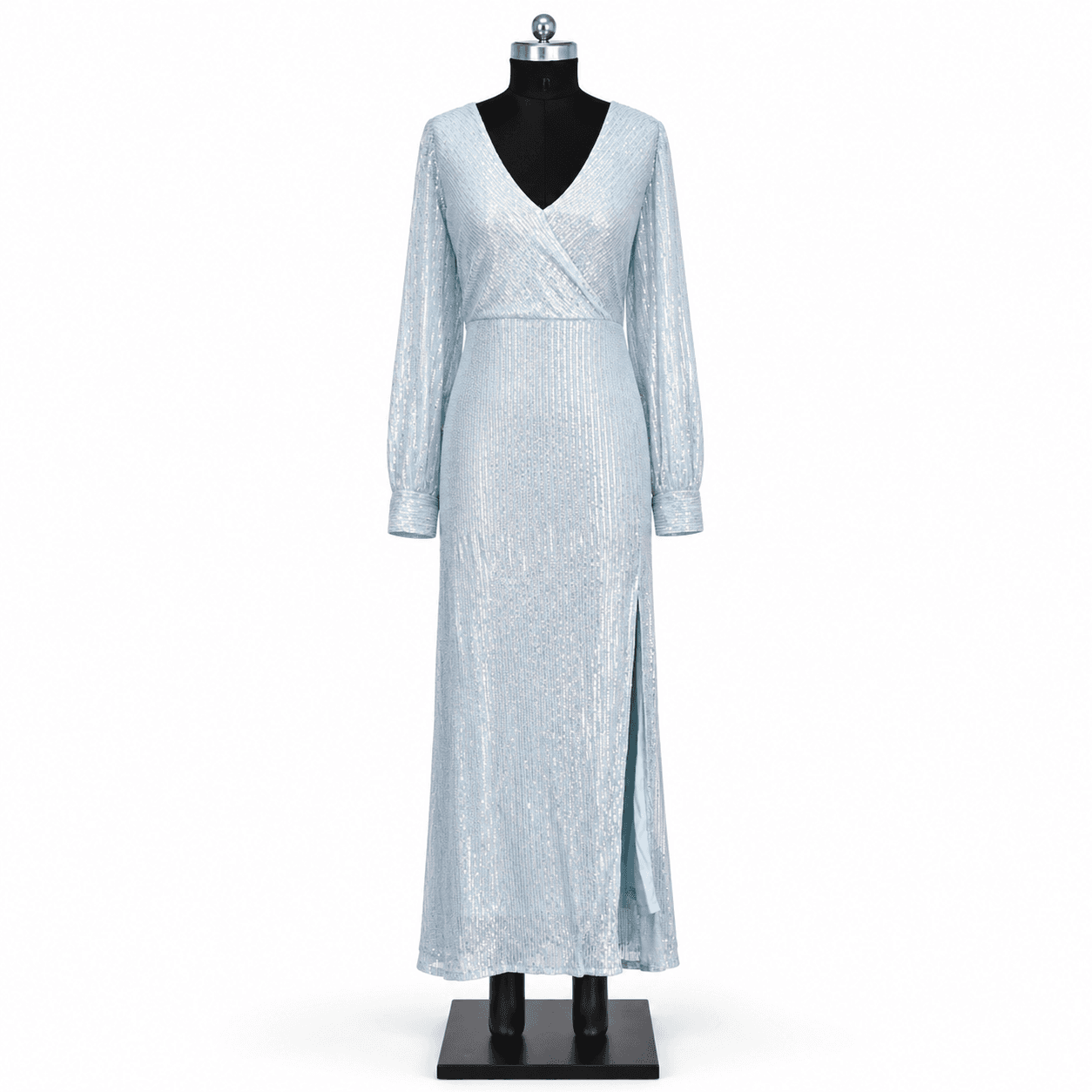 Ice Blue Sequin Long Sleeve Gown