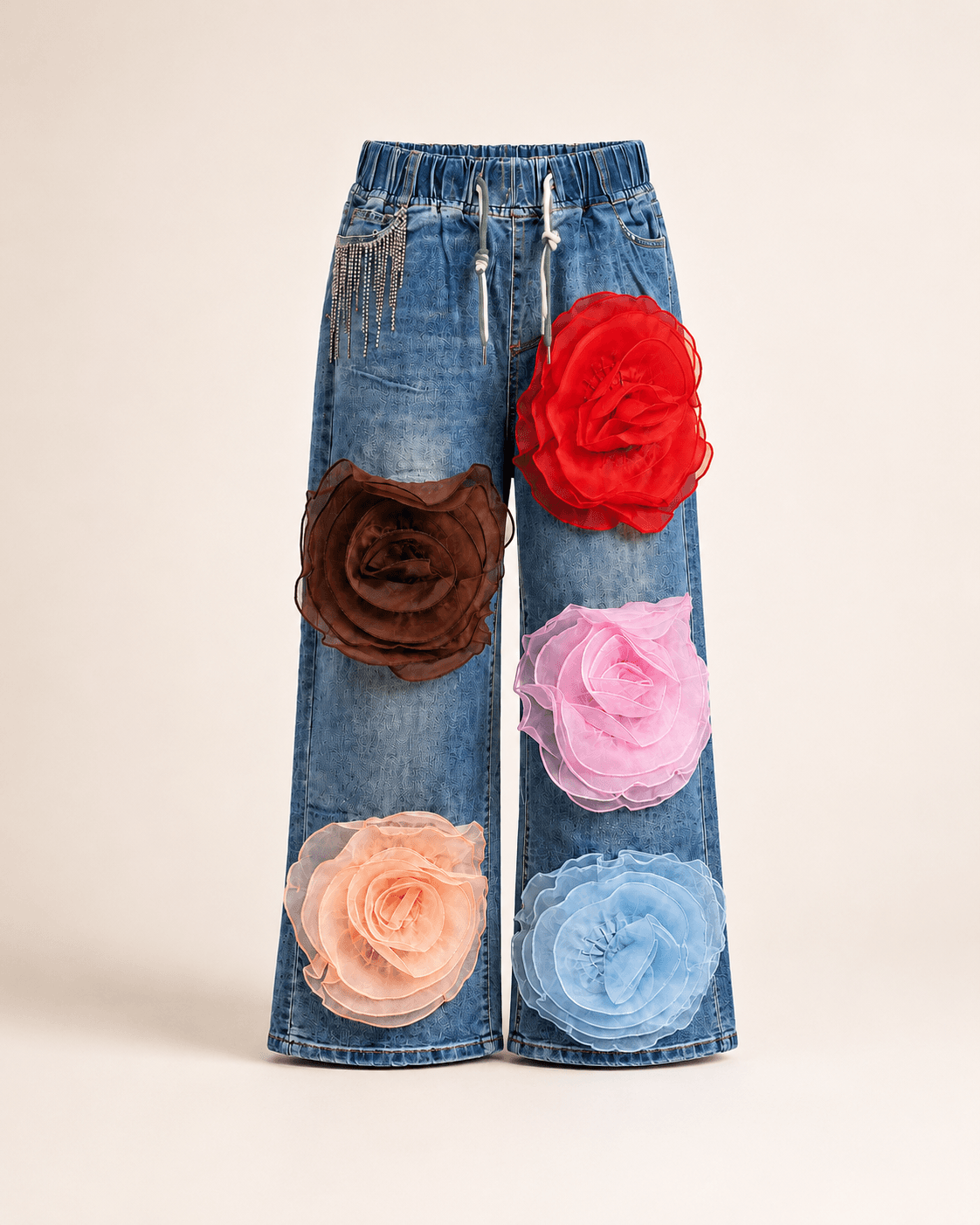 Blue 3D Flower Applique Wide Leg Jeans
