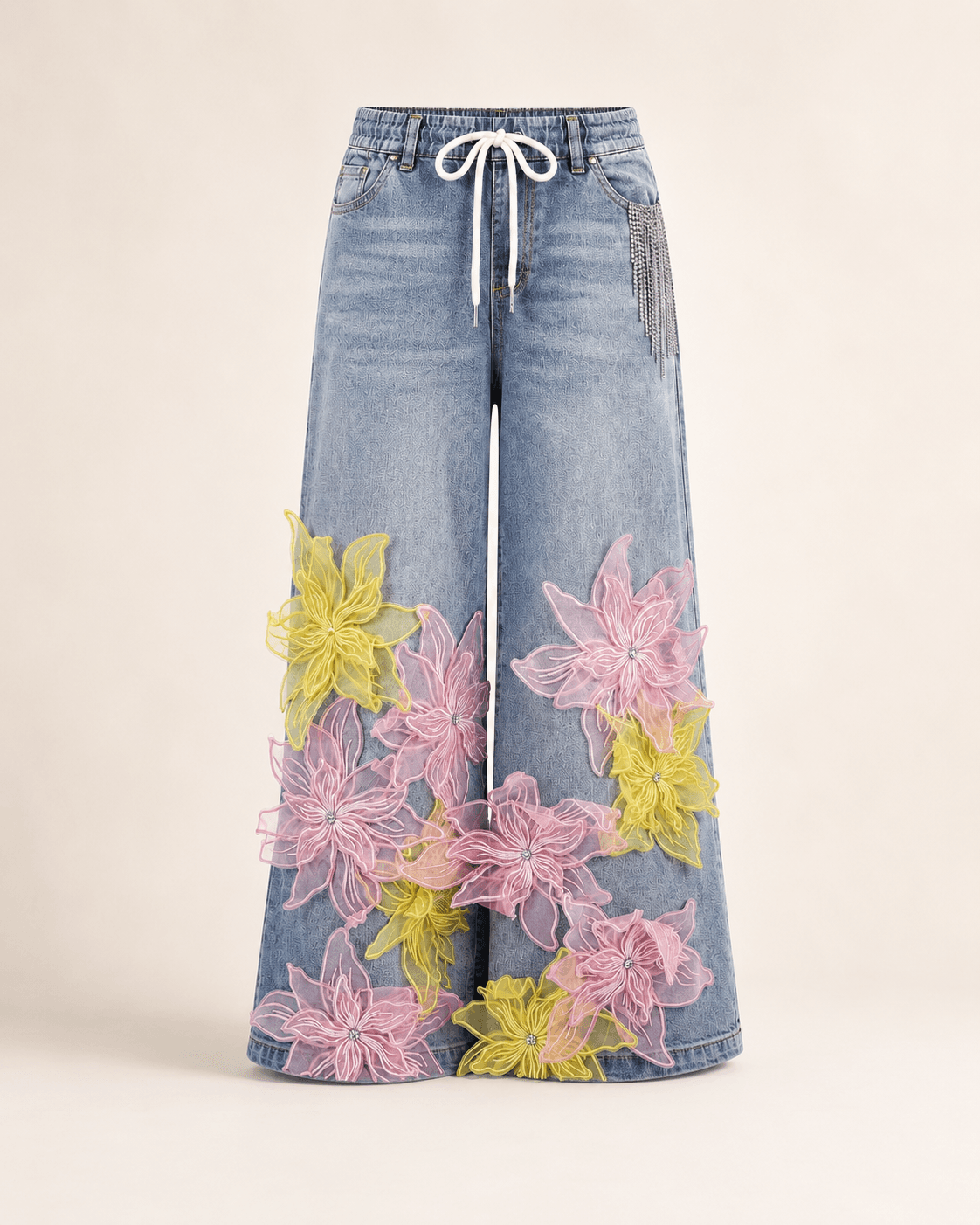 Light Blue Floral Applique Wide Leg Jeans
