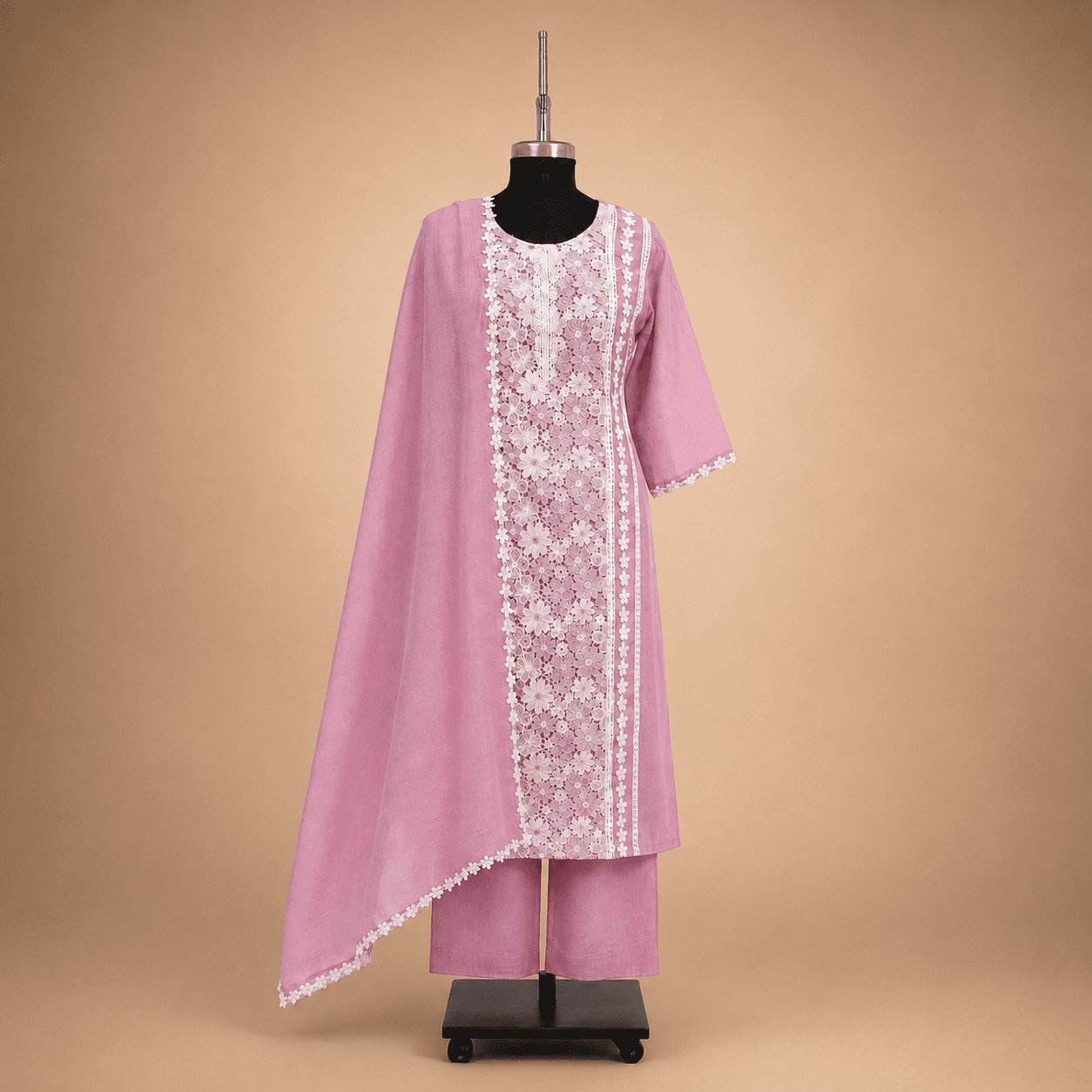 Pink White Embroidered Kurti Set with Dupatta