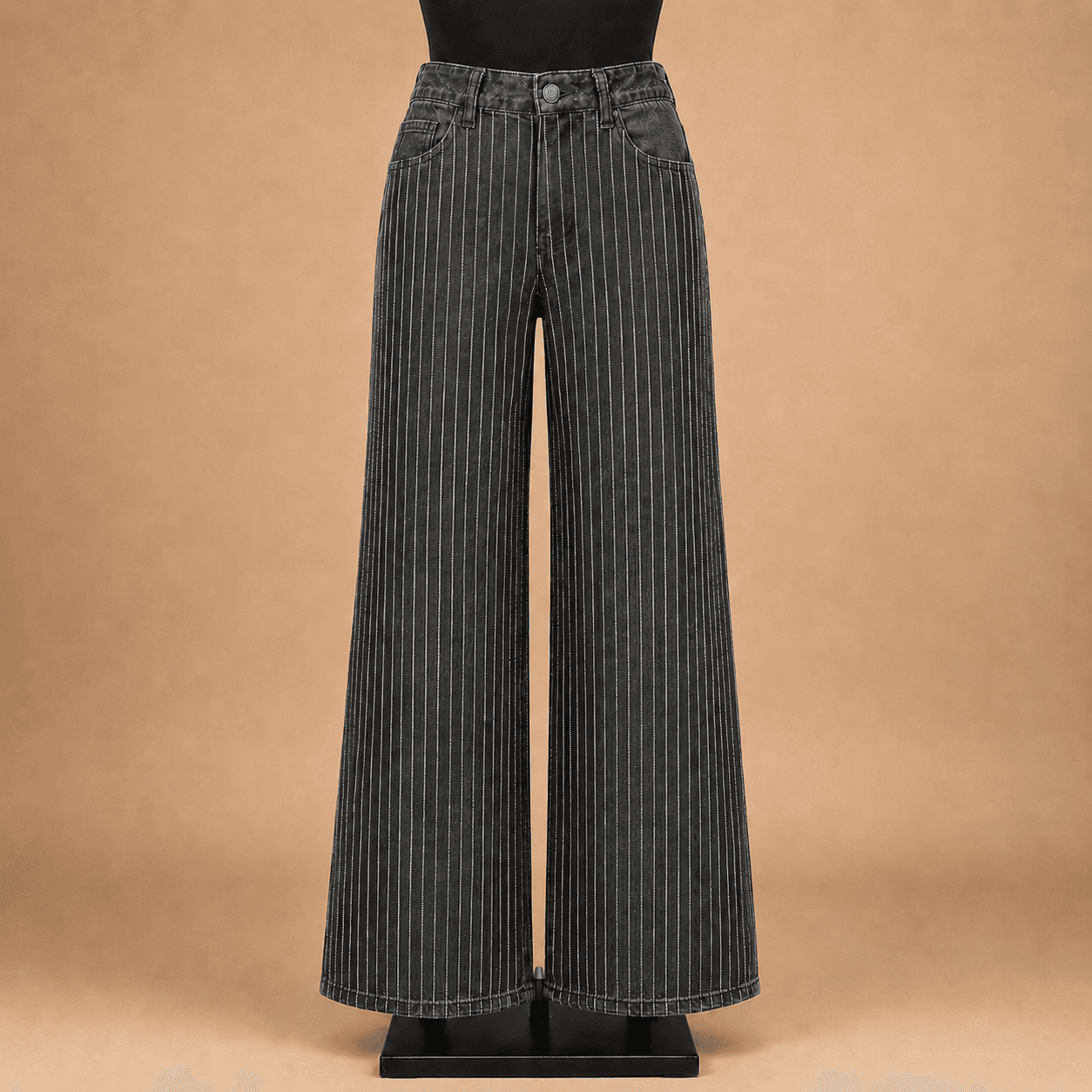 Black Pinstripe Wide Leg Jeans