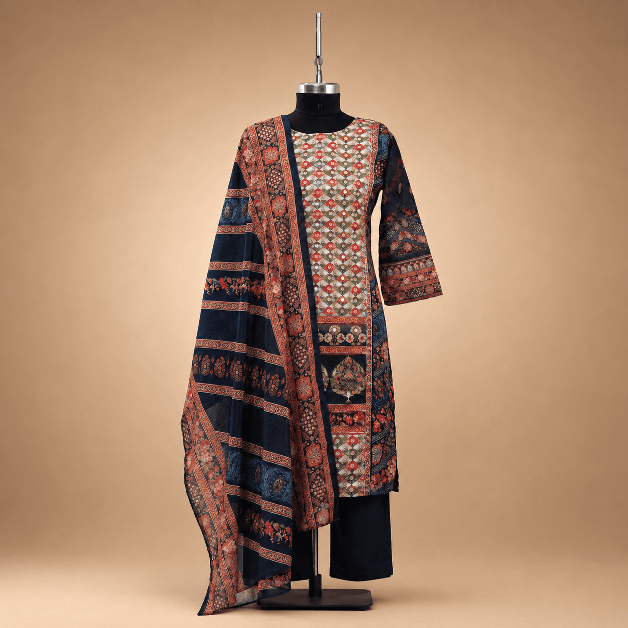 Navy Blue Rust Printed Kurti Set with Dupatta