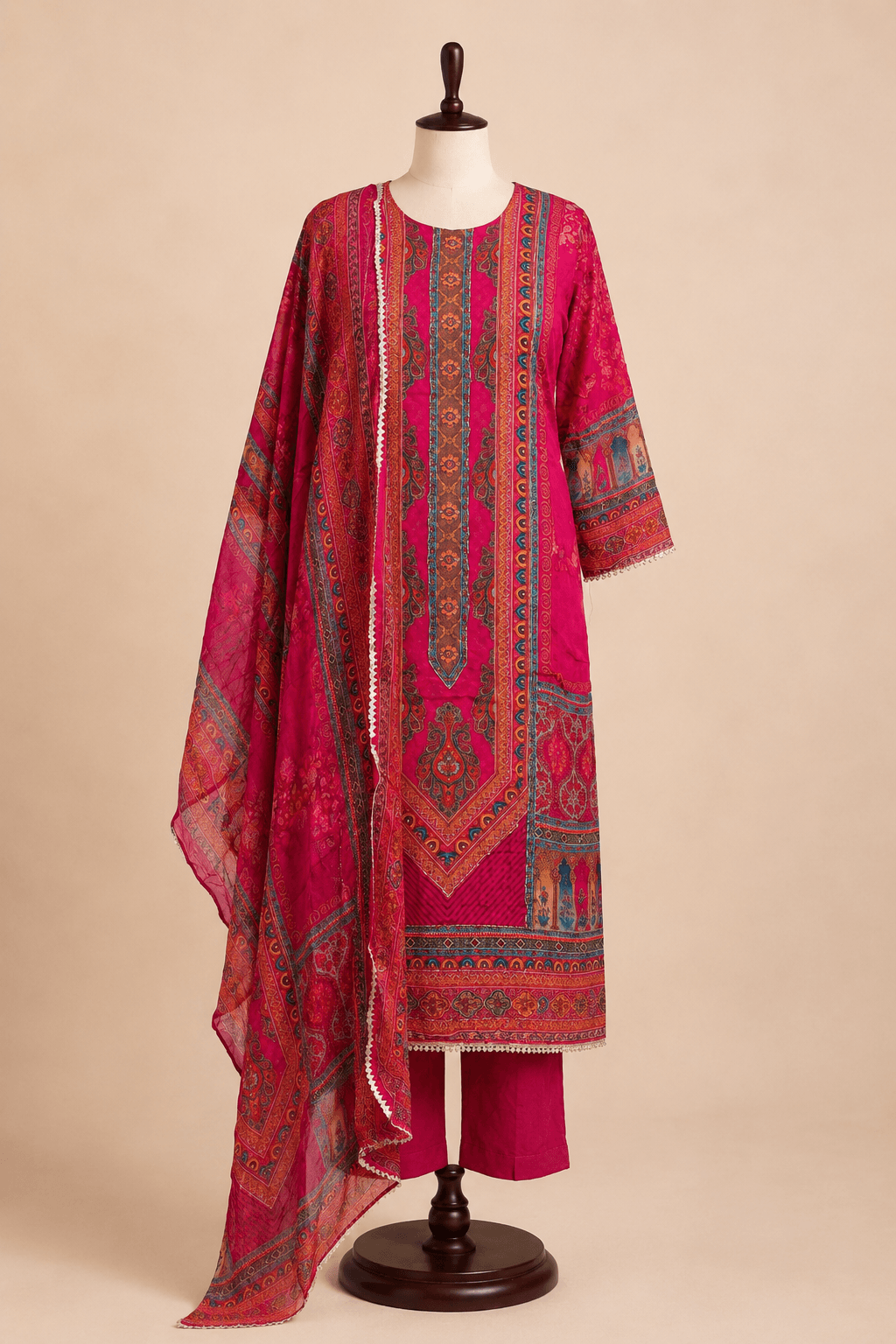 Pink Multicolor Printed Kurti Set with Dupatta