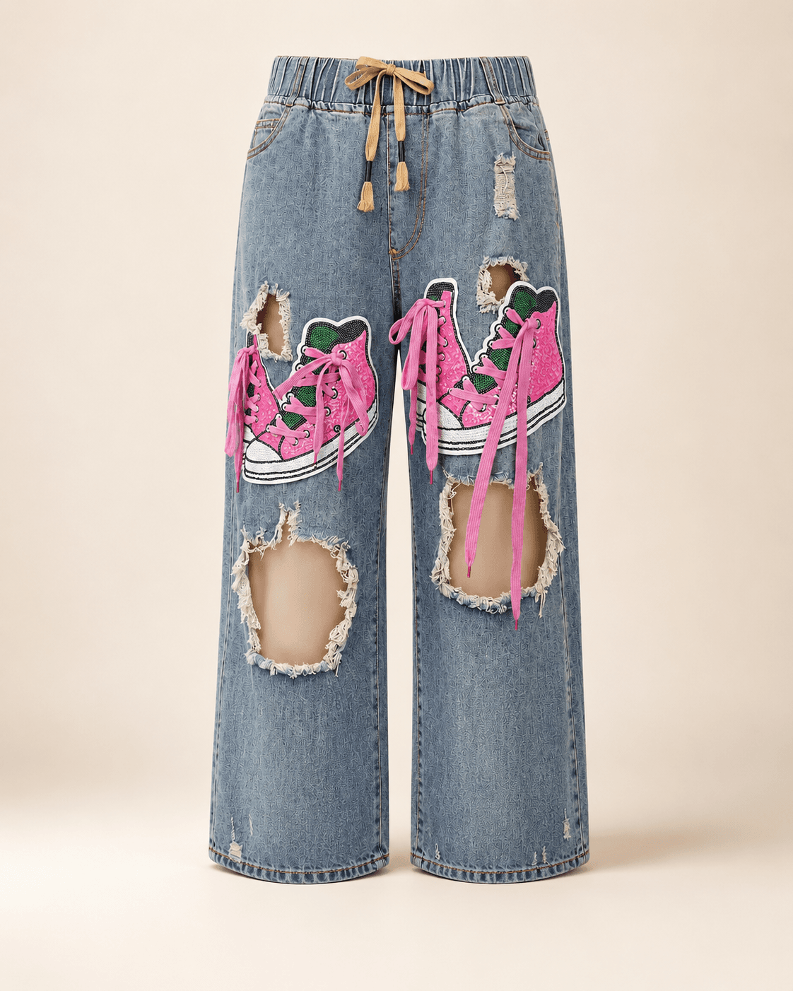 Light Blue Pink Graphic Ripped Wide Leg Jeans