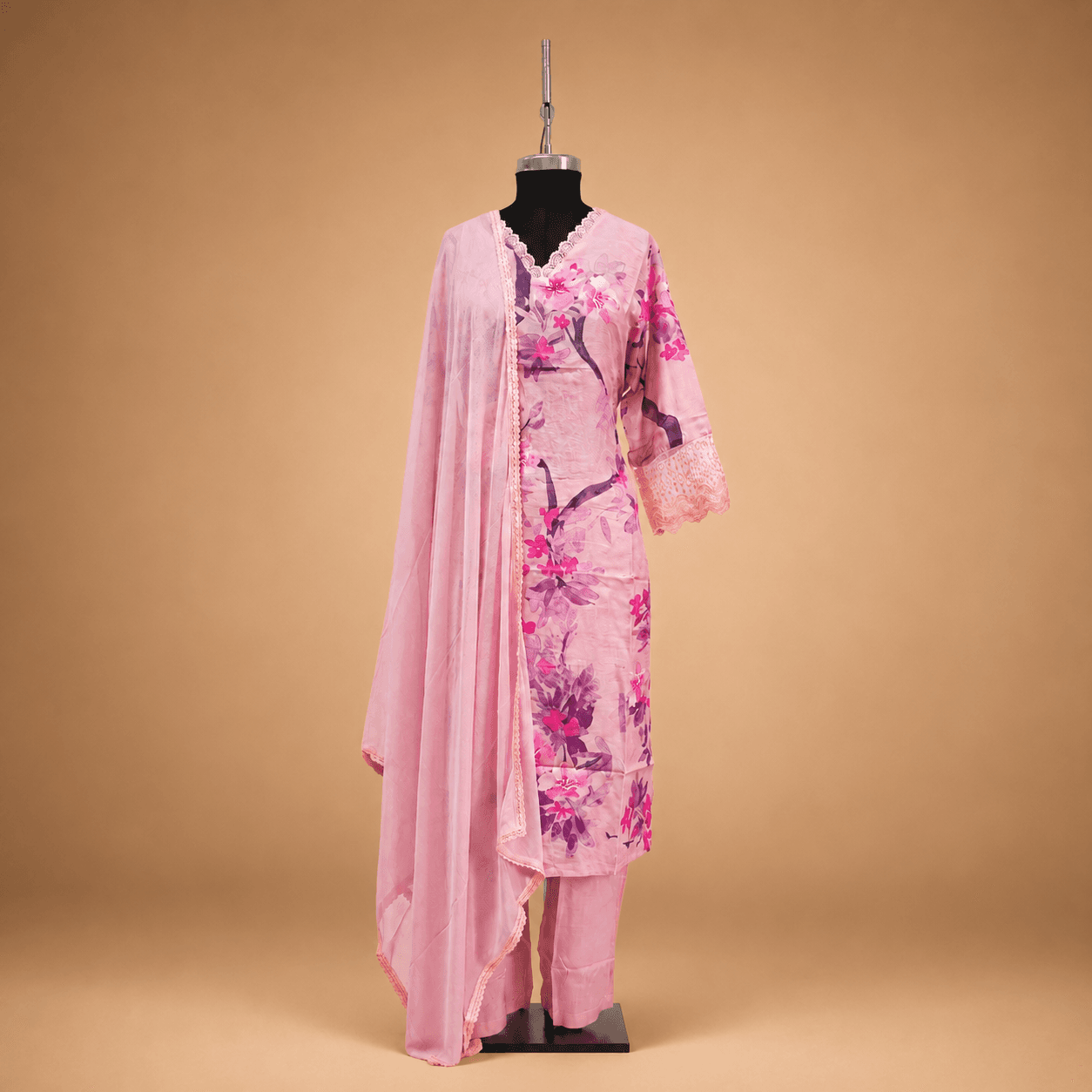 Pink Floral Printed Kurti Set with Dupatta