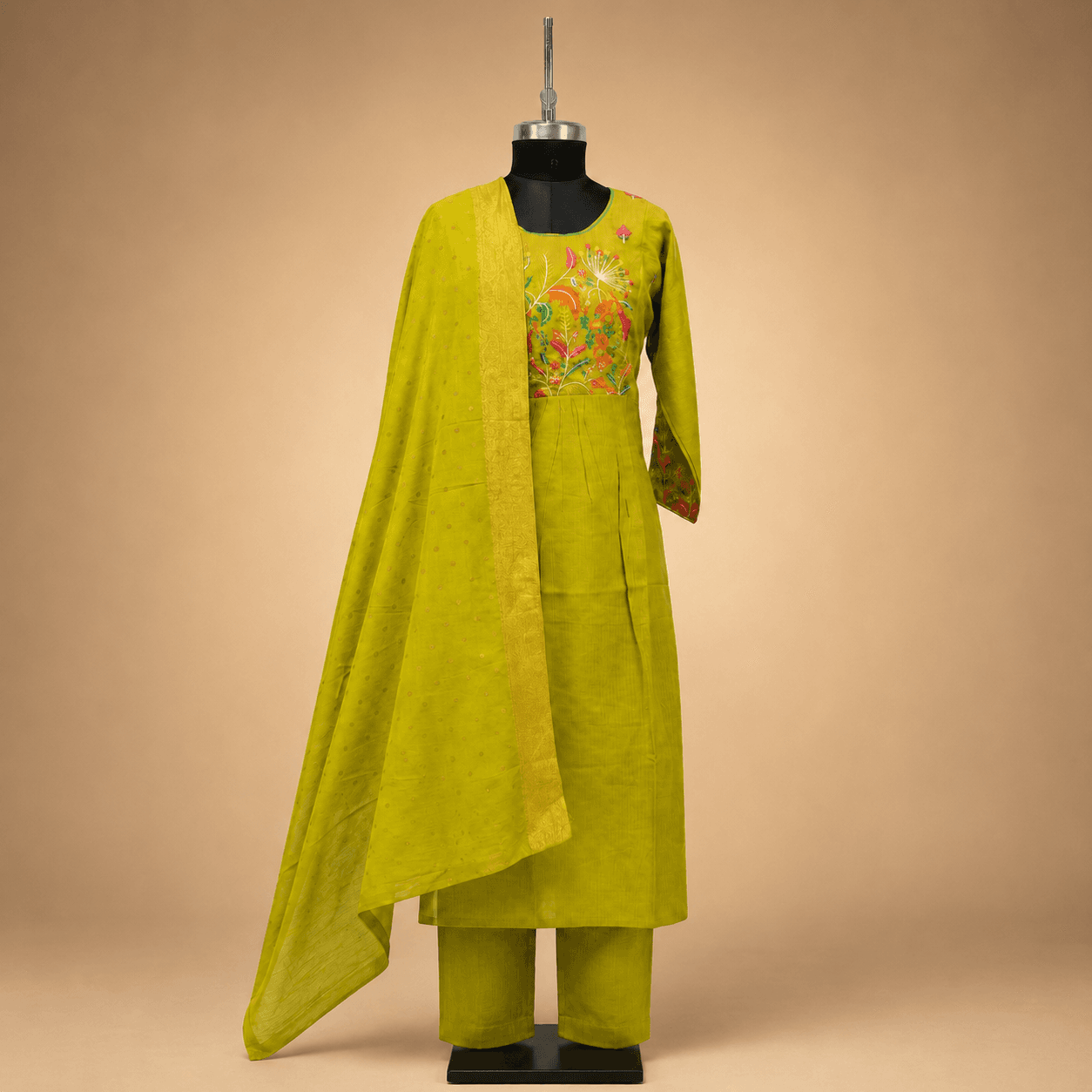 Olive Green Floral Kurti Set with Dupatta