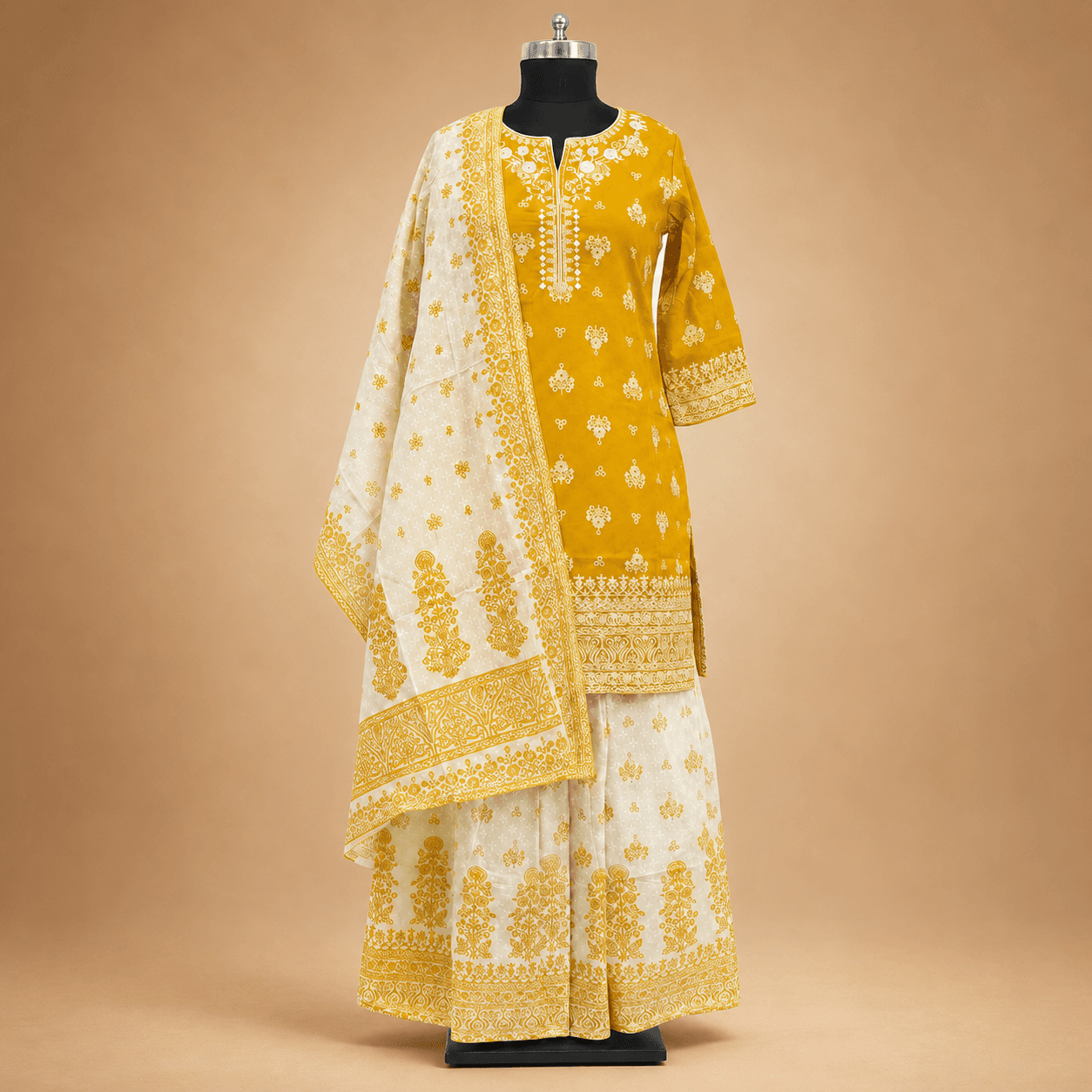 Mustard Ivory Printed Kurti Set with Dupatta