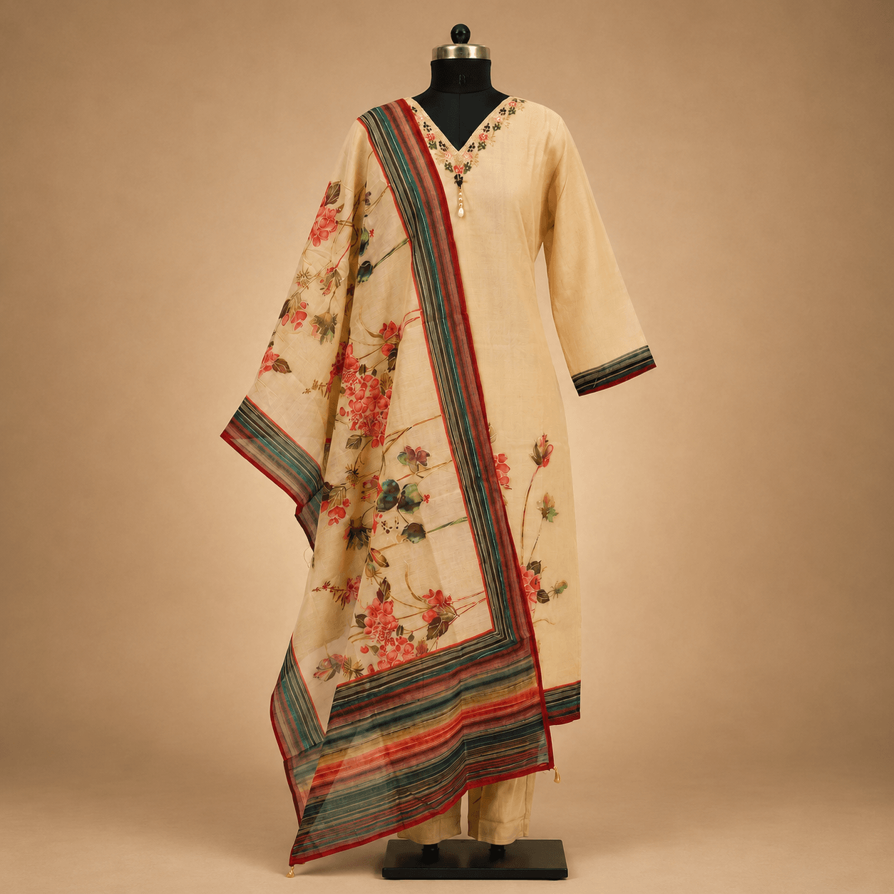 Beige Multicolor Floral Kurti Set with Dupatta