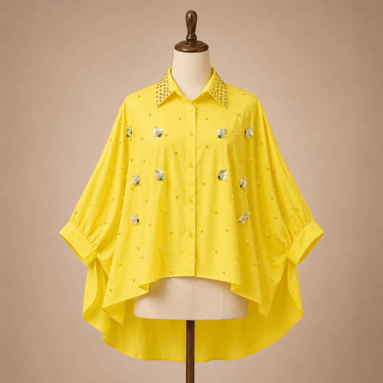 Yellow Cape Sleeve Embroidered Top