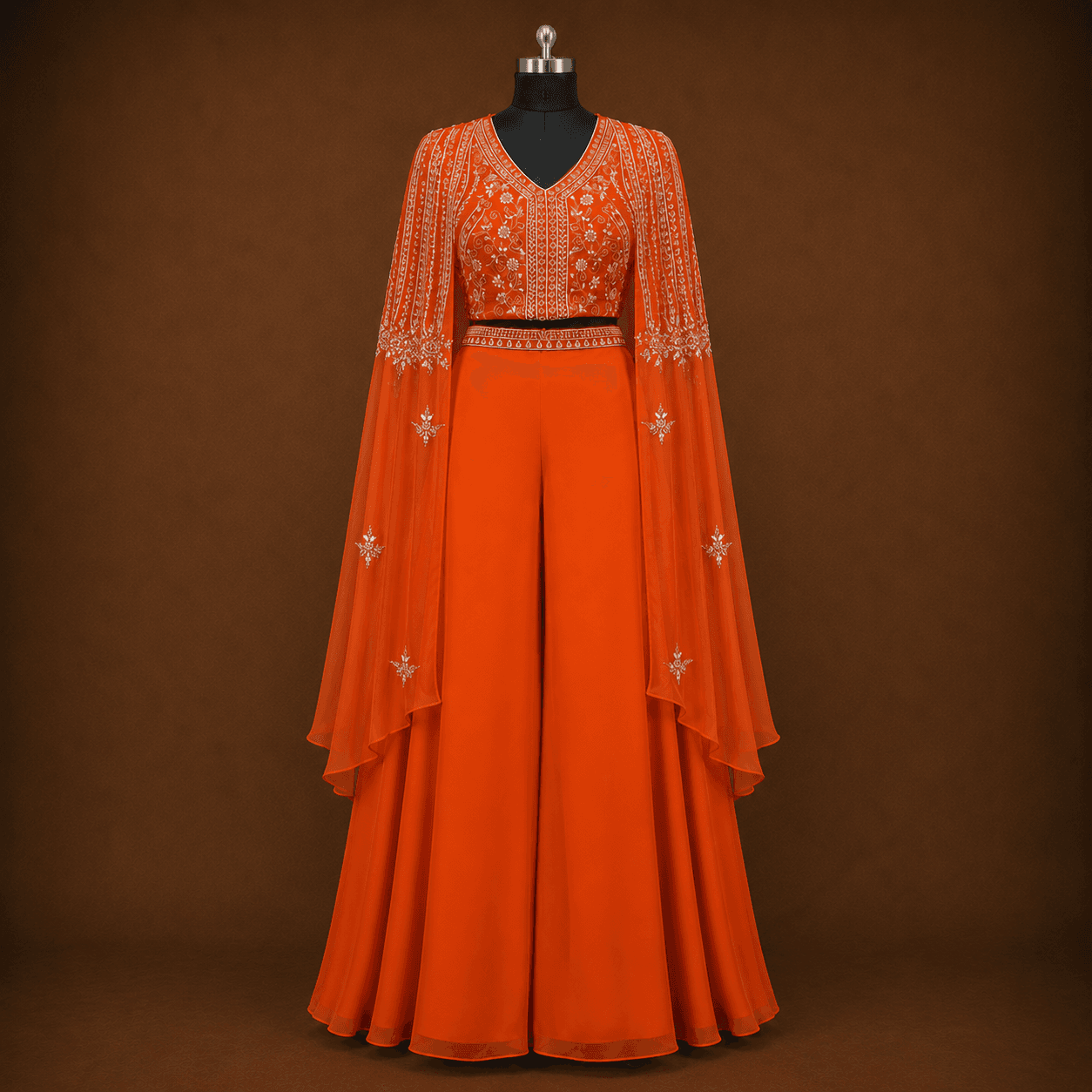Orange Embroidered 3 Piece Suit Set