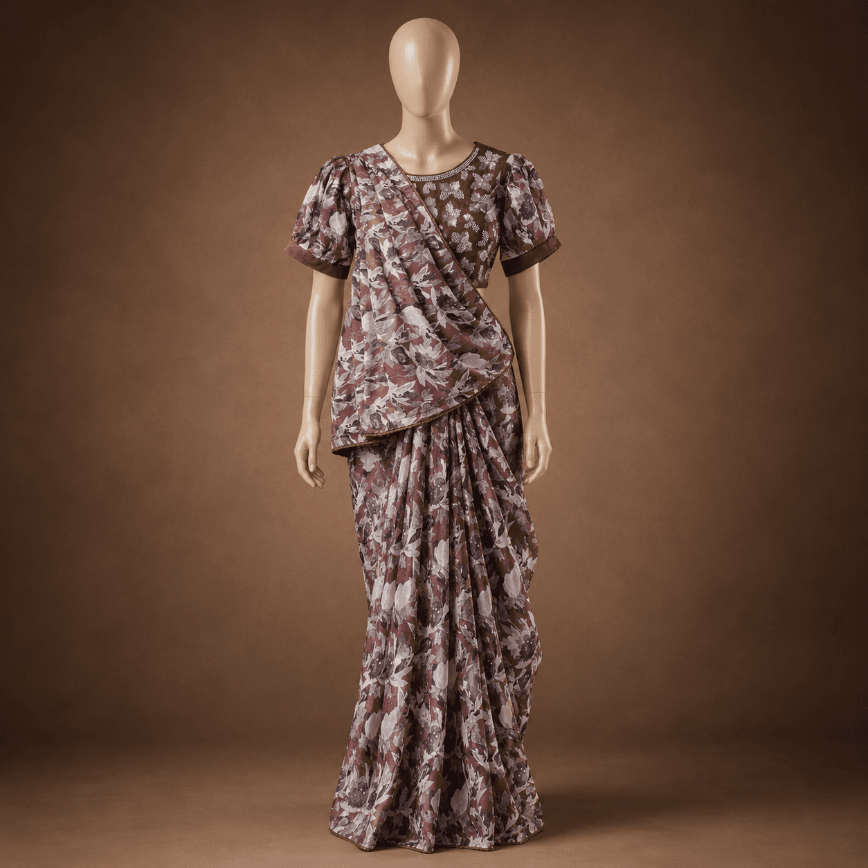 Brown Abstract Printed Saree with Blouse