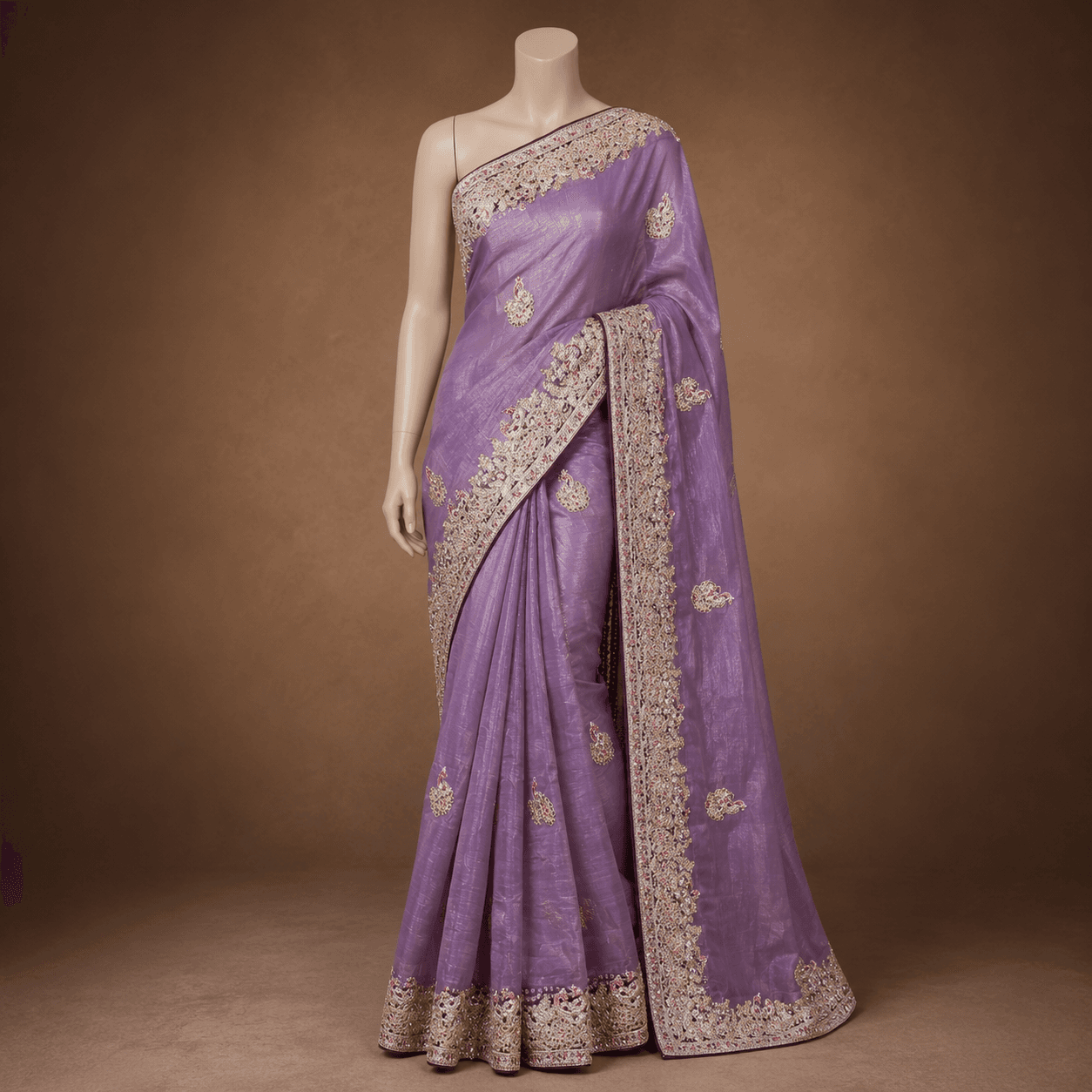 Lavender Embroidered Saree with bandhani blouse piece