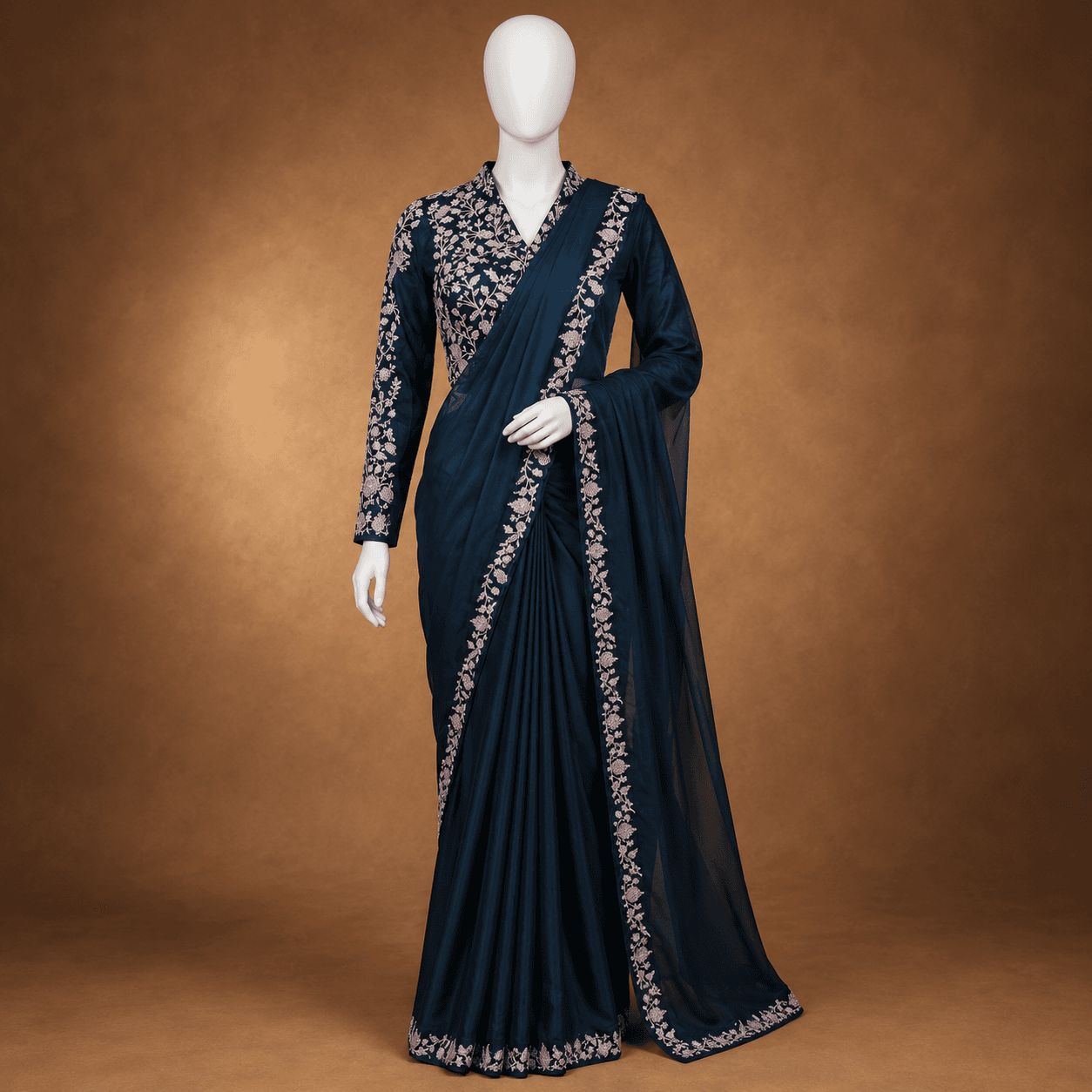 Deep Teal Embroidered Saree with Blouse