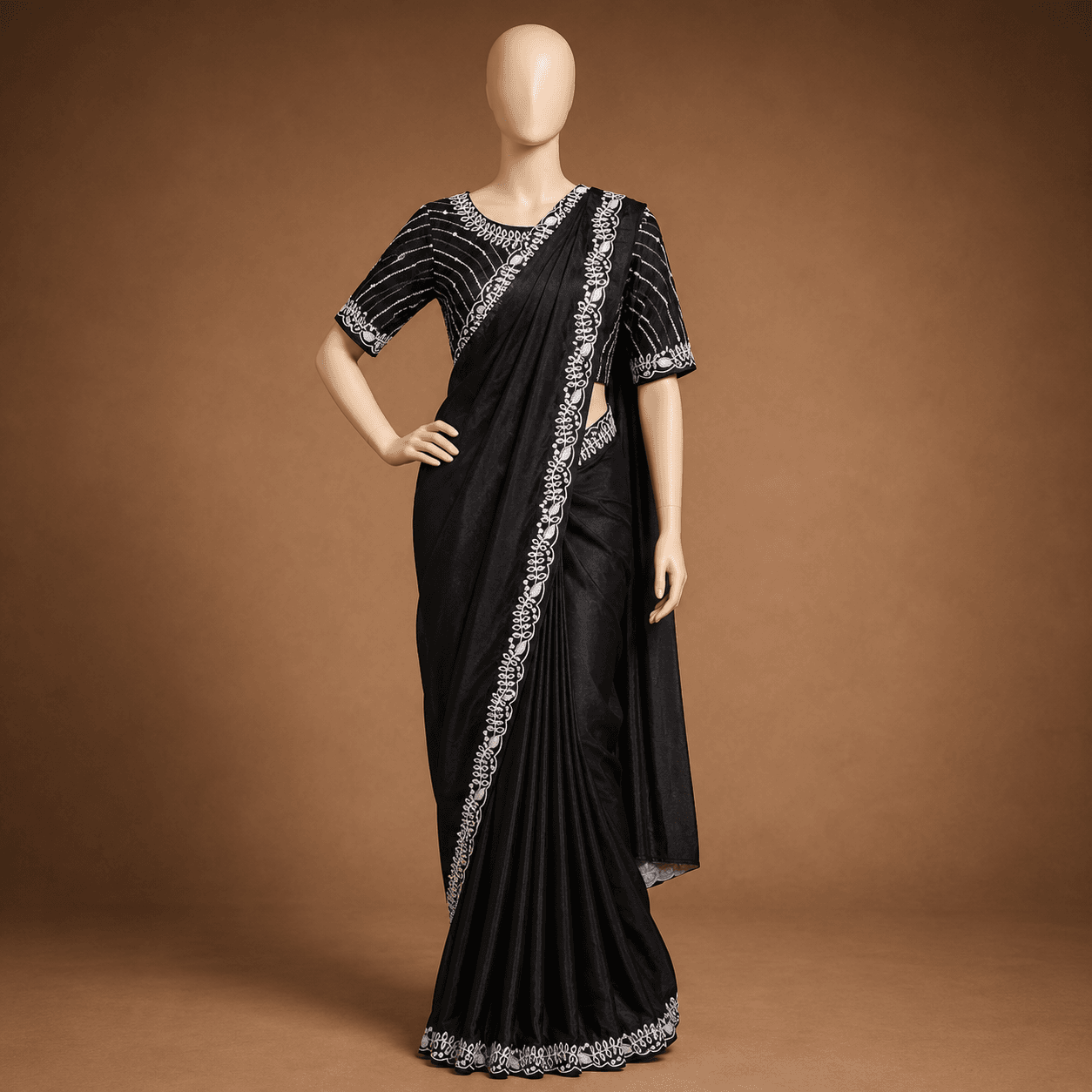 Black Silver Border Saree with Blouse
