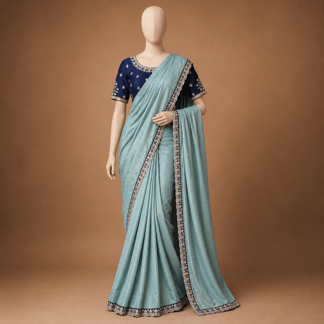 Sea Green Navy Blouse Saree with Blouse