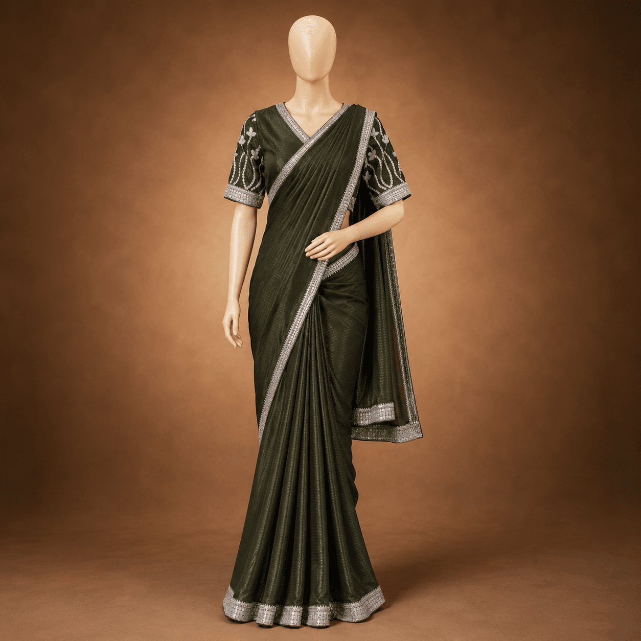 Olive Green Silver Border Saree with Blouse