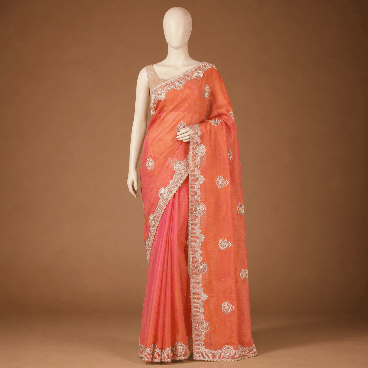 Peach Orange Floral Saree