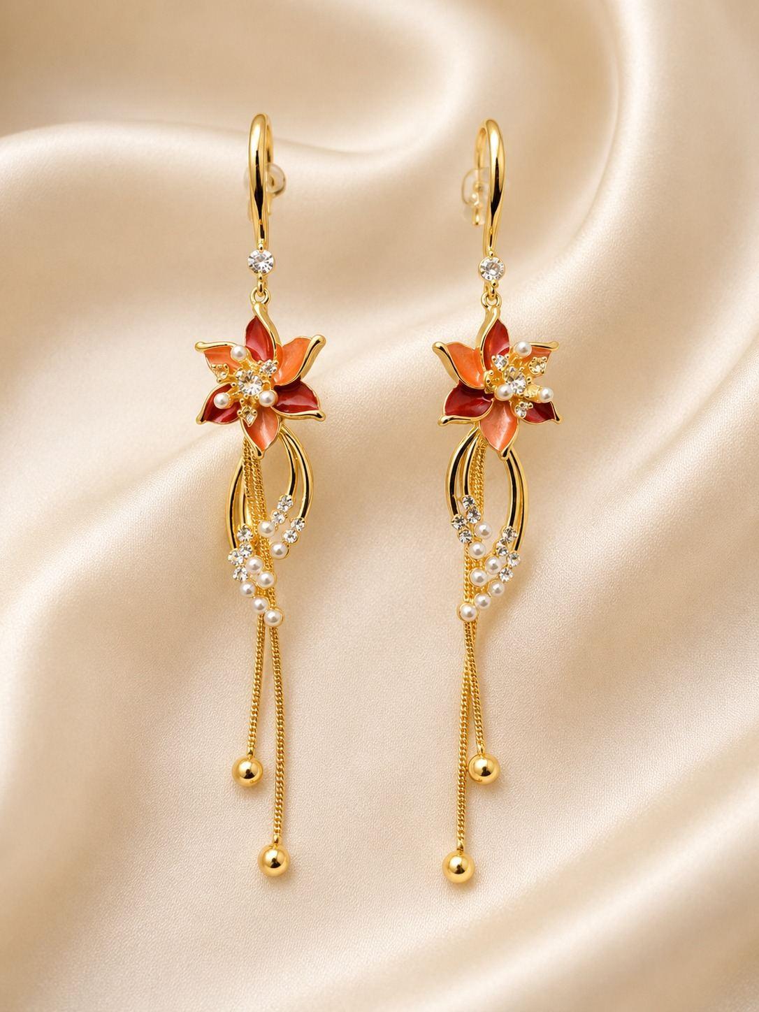Red Orange Floral Tassel Drop Earrings