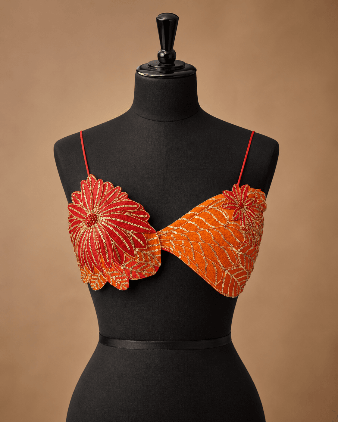 Orange Floral Applique Strappy Designer Blouse