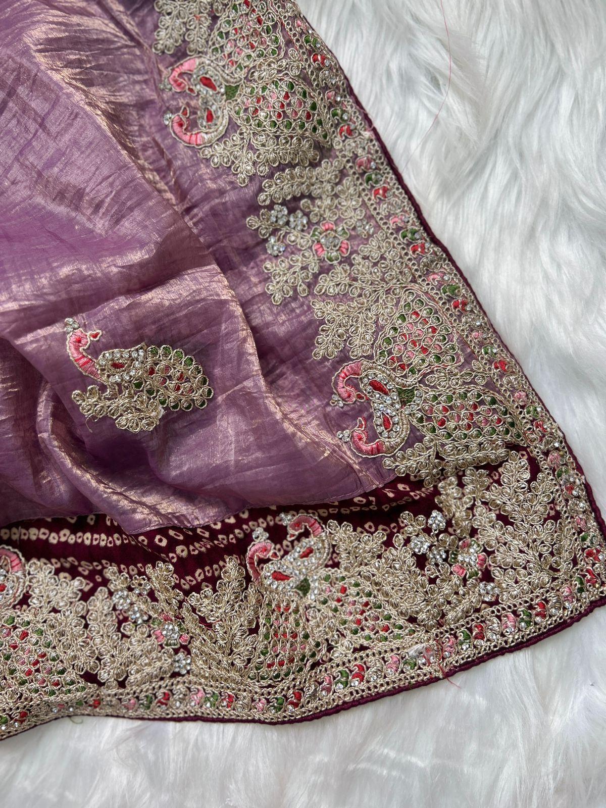 Lavender Embroidered Saree with bandhani blouse piece