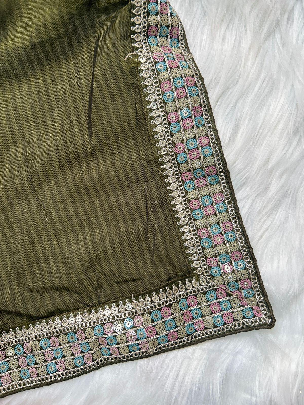 Olive Green Silver Border Saree with Blouse