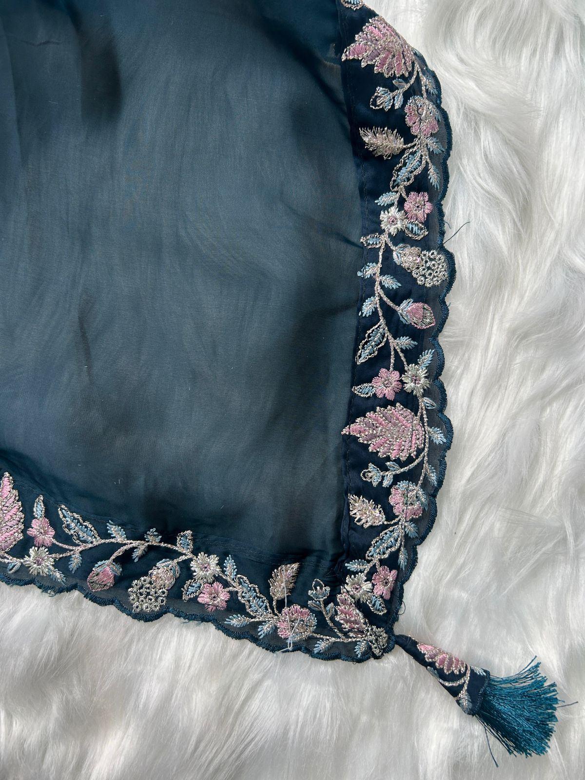 Deep Teal Embroidered Saree with Blouse