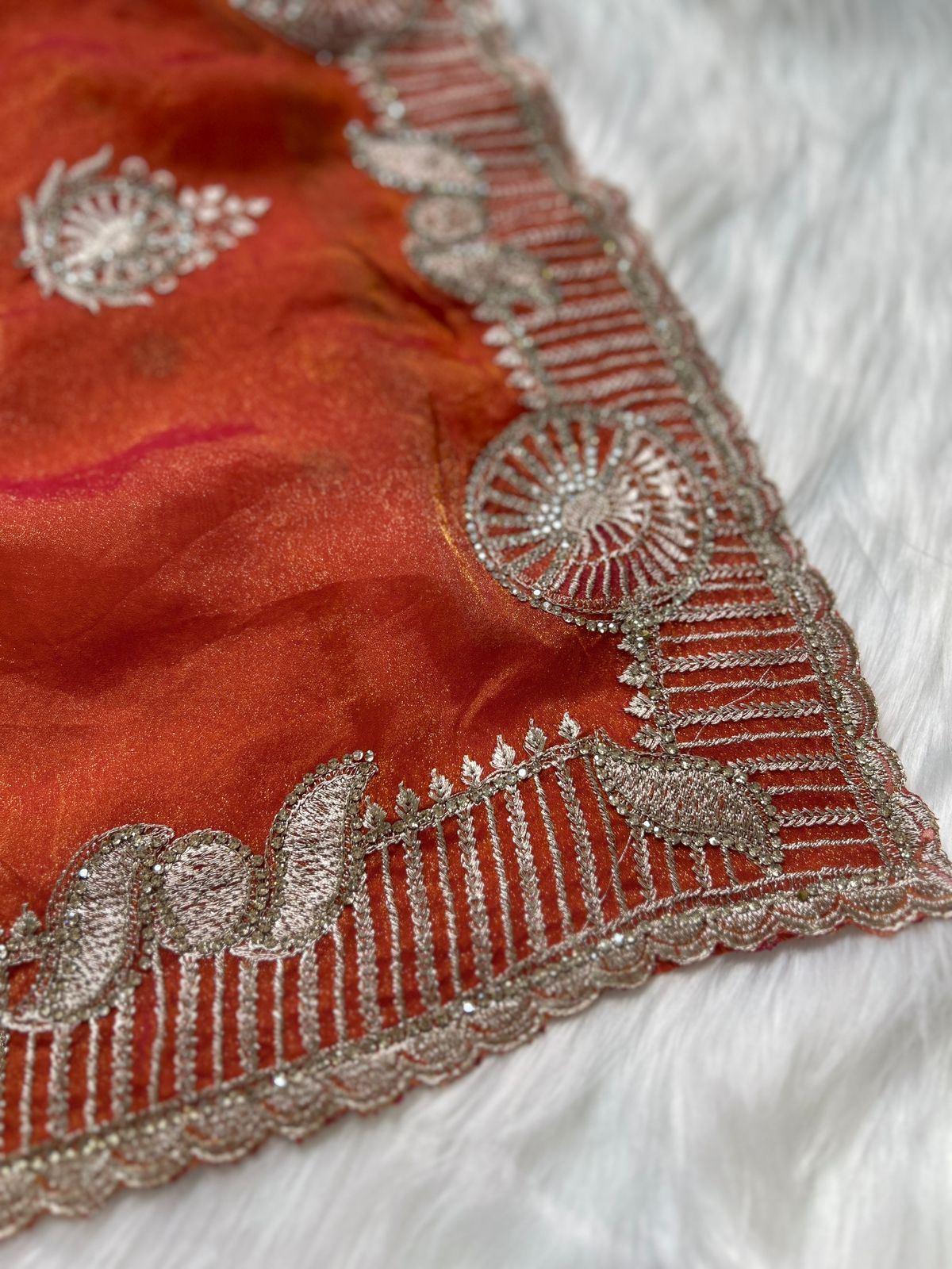 Peach Orange Floral Saree