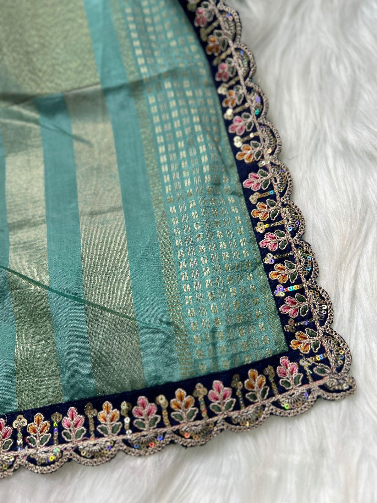 Sea Green Navy Blouse Saree with Blouse