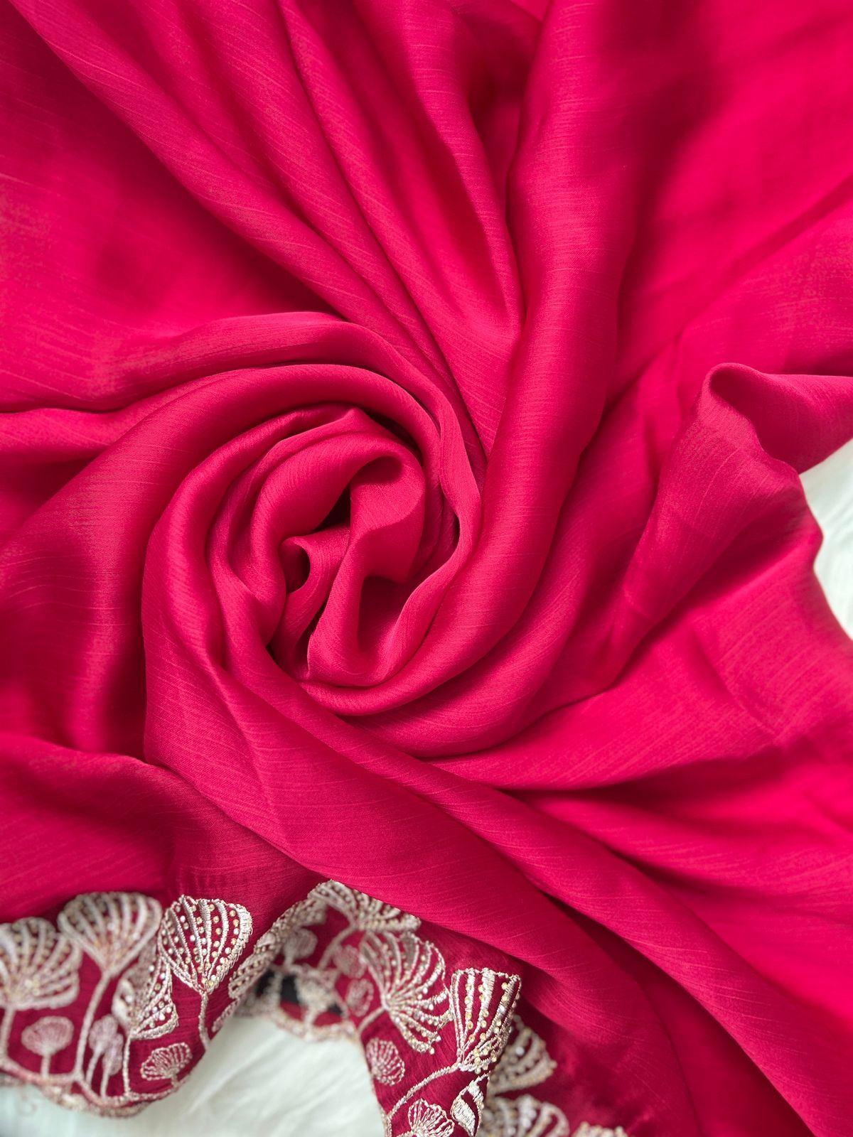 Rose Pink Lace Border Saree with Blouse Piece