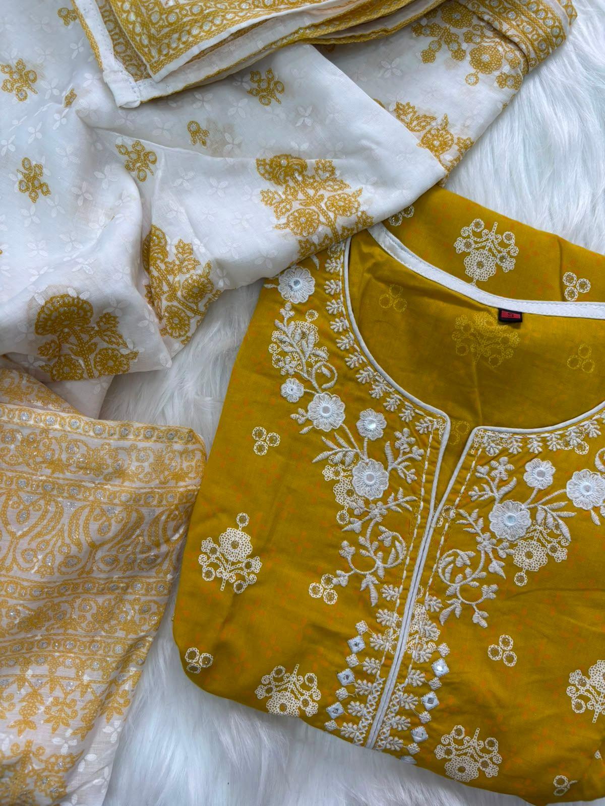 Mustard Ivory Kurti Set with Dupatta