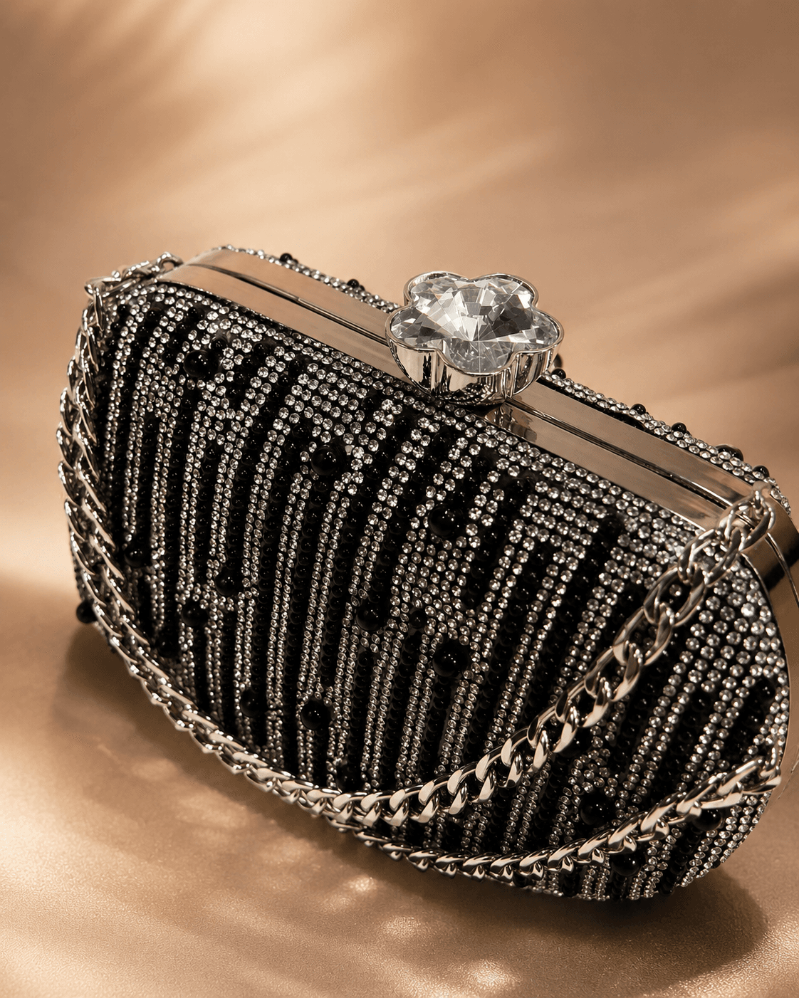 Black Silver Beaded Evening Clutch
