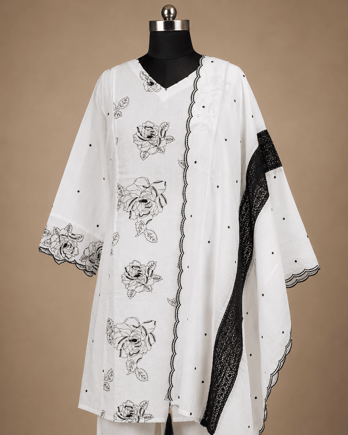 White Black Floral Kurti Set