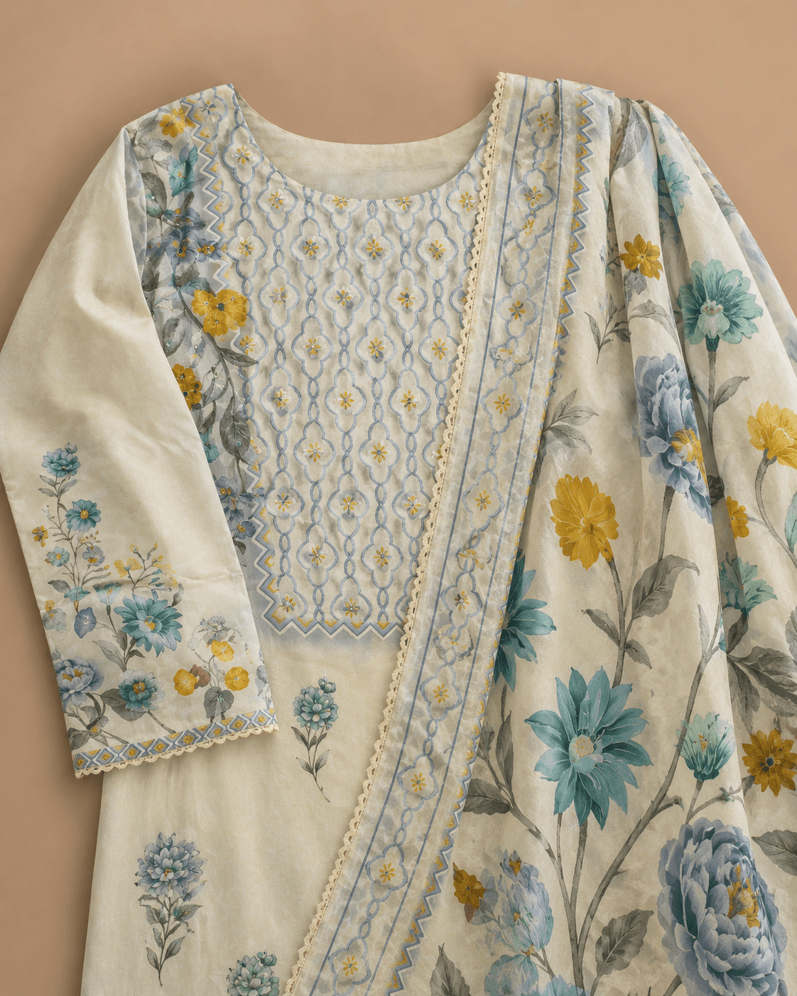 Ivory Blue Floral Kurti Set