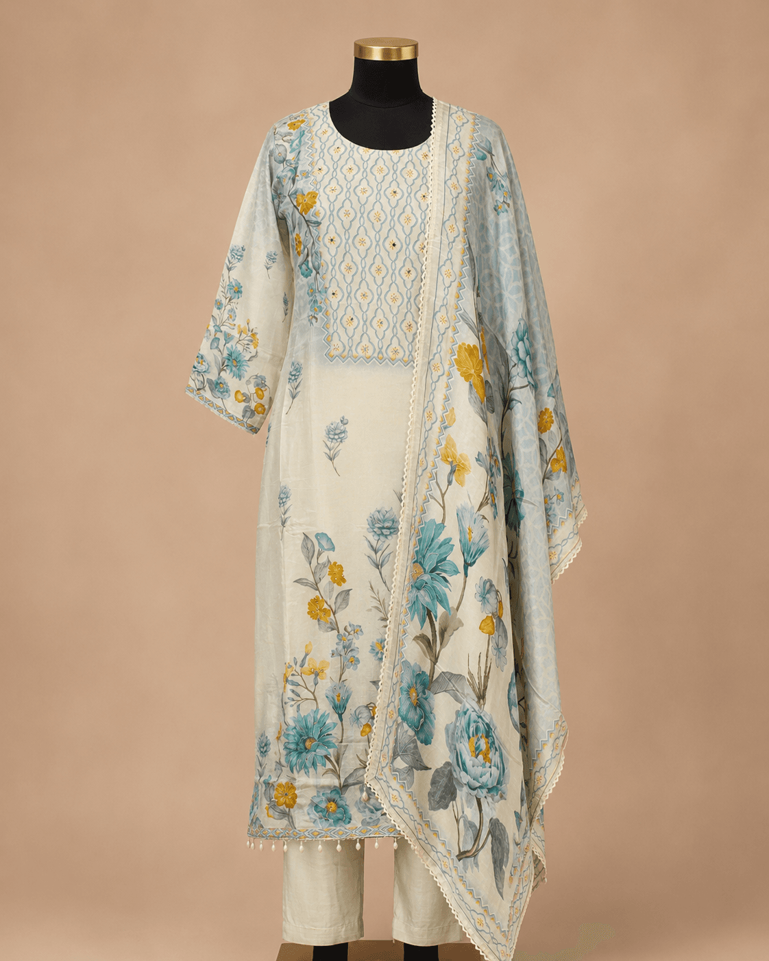 Ivory Blue Floral Kurti Set