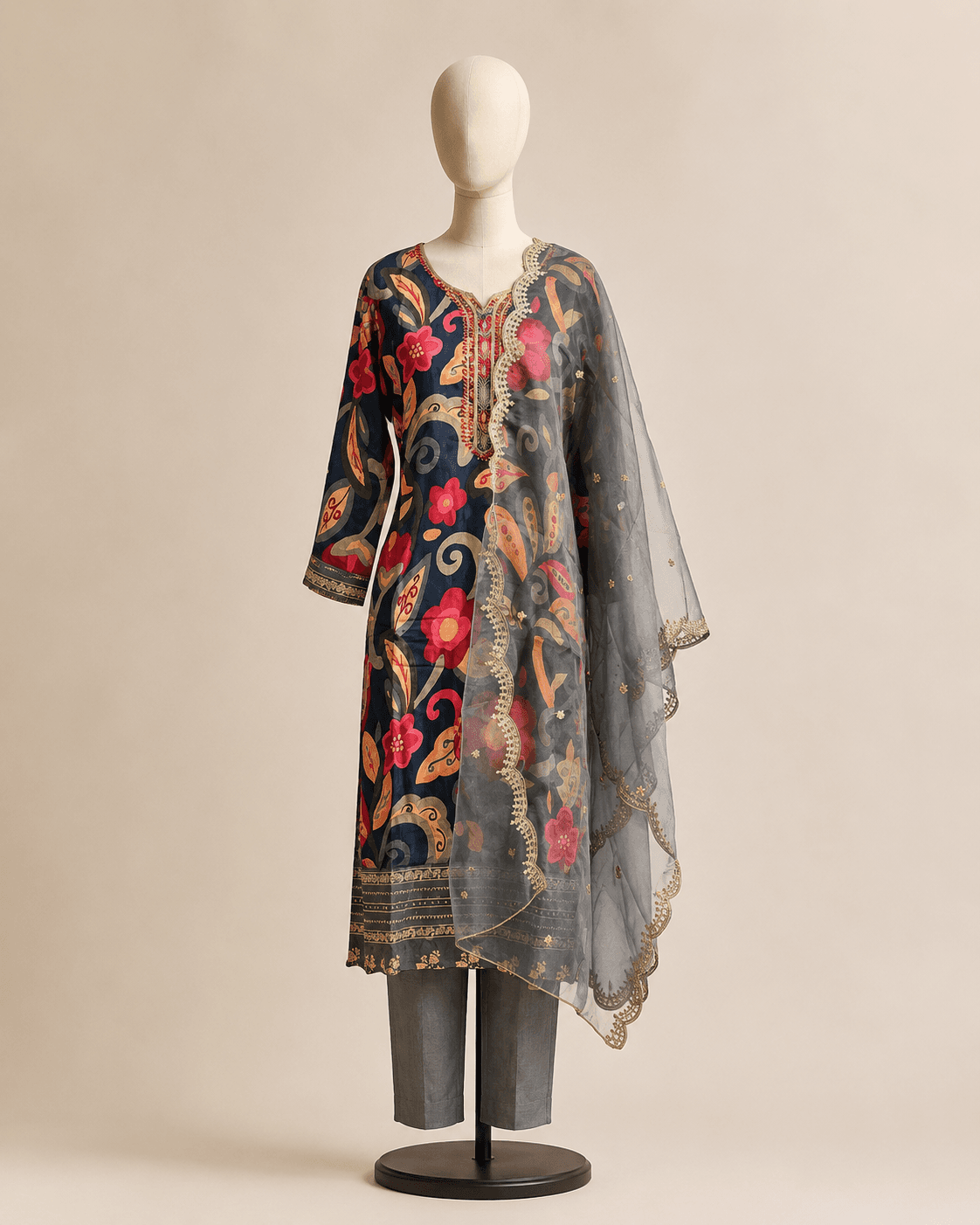 Charcoal Multicolour Printed Kurti Set