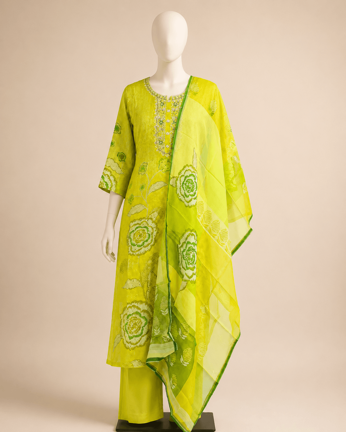 Lime Green Printed Kaftan Kurti Set