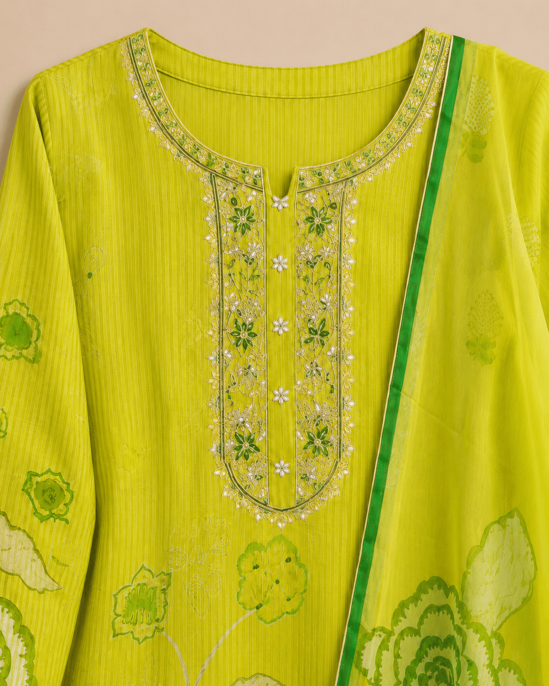 Lime Green Printed Kaftan Kurti Set