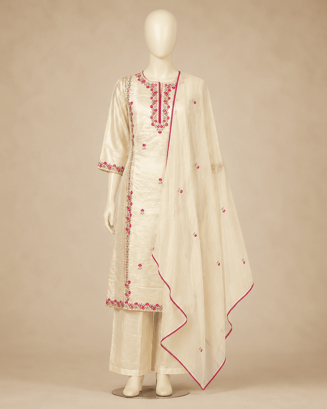 Ivory Pink Embroidered Kurti Set