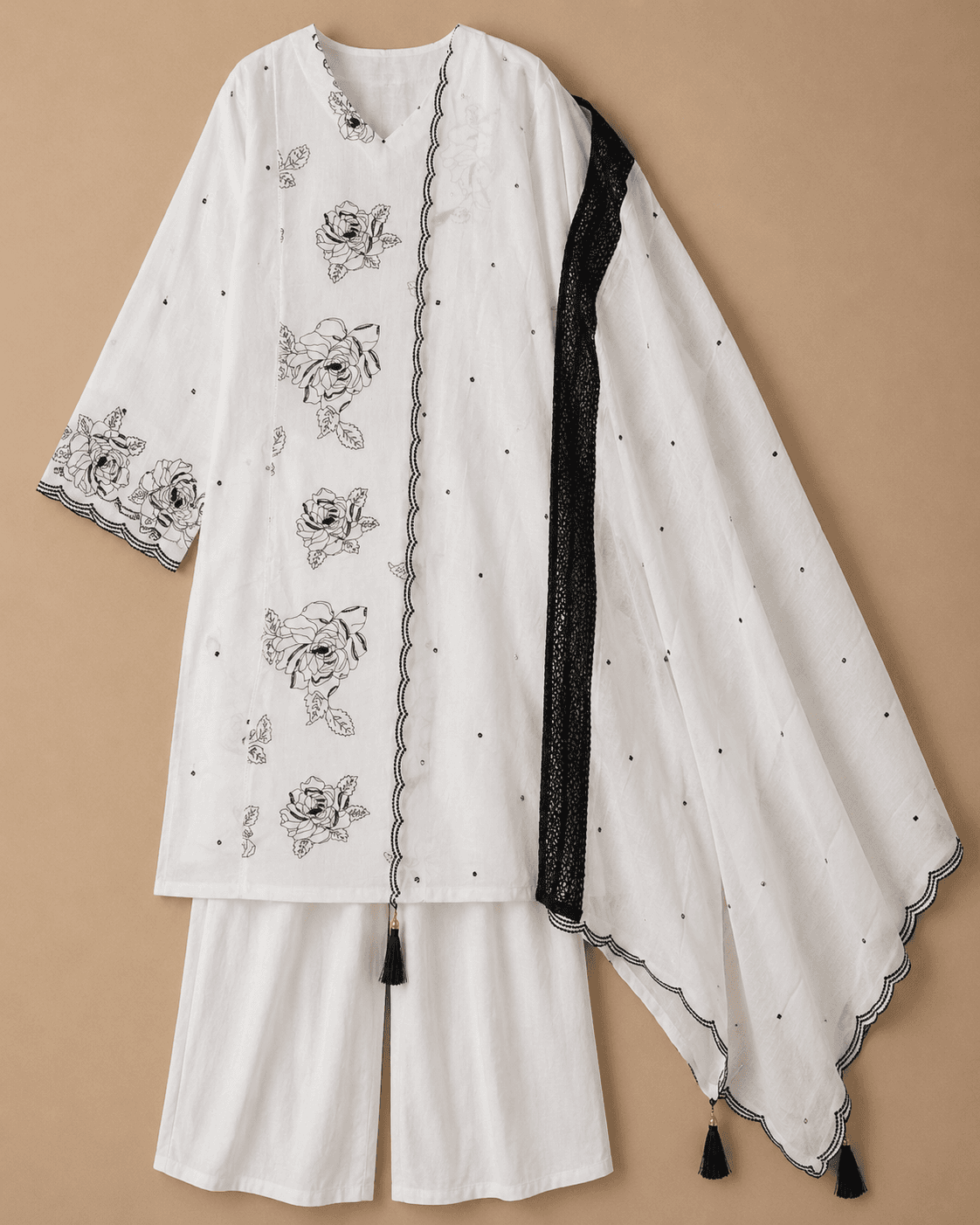 White Black Floral Kurti Set