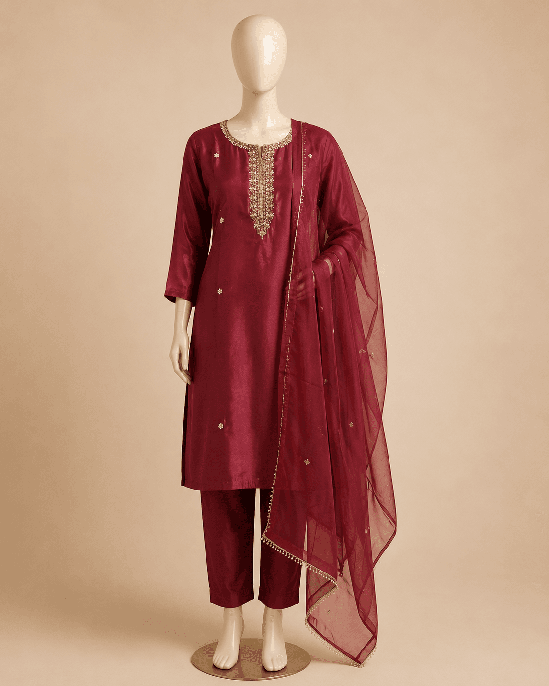 Maroon Embroidered Kurti Set
