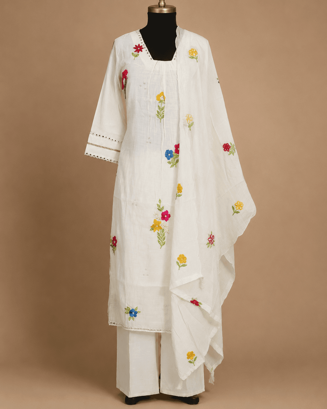 White Multicolour Floral Kurti Set