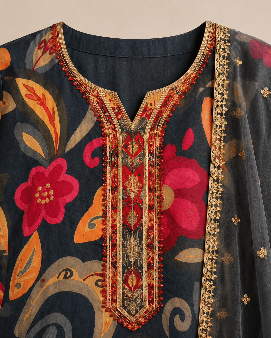 Charcoal Multicolour Printed Kurti Set