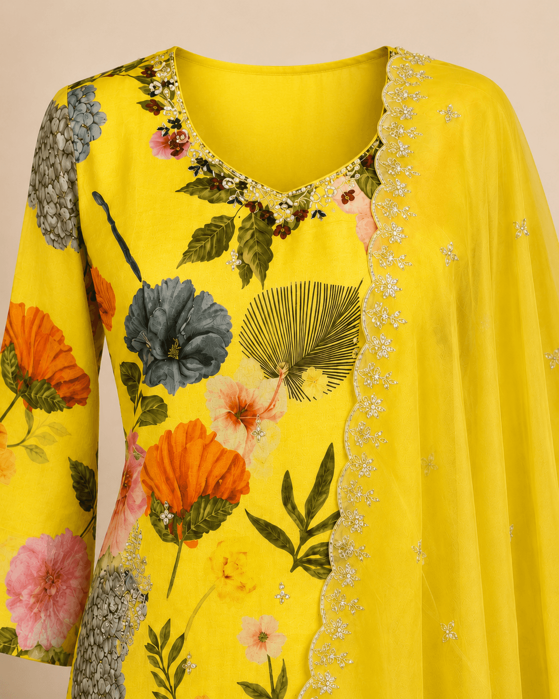 Yellow Multicolour Floral Kurti Set