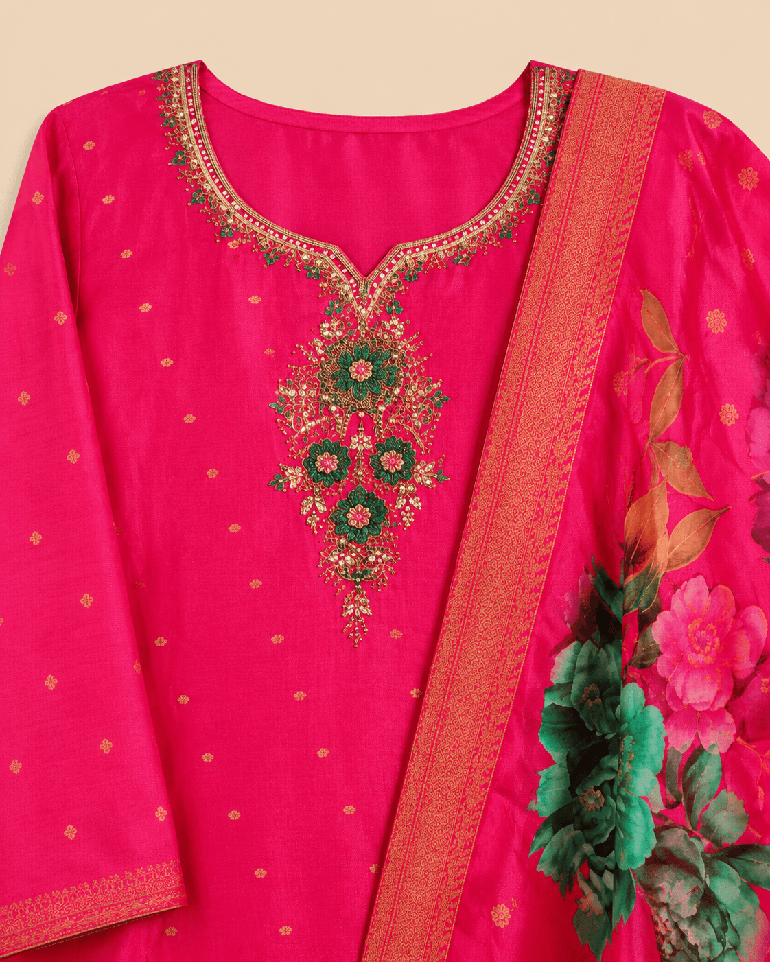 Fuchsia Pink Floral Dupatta Kurti Set