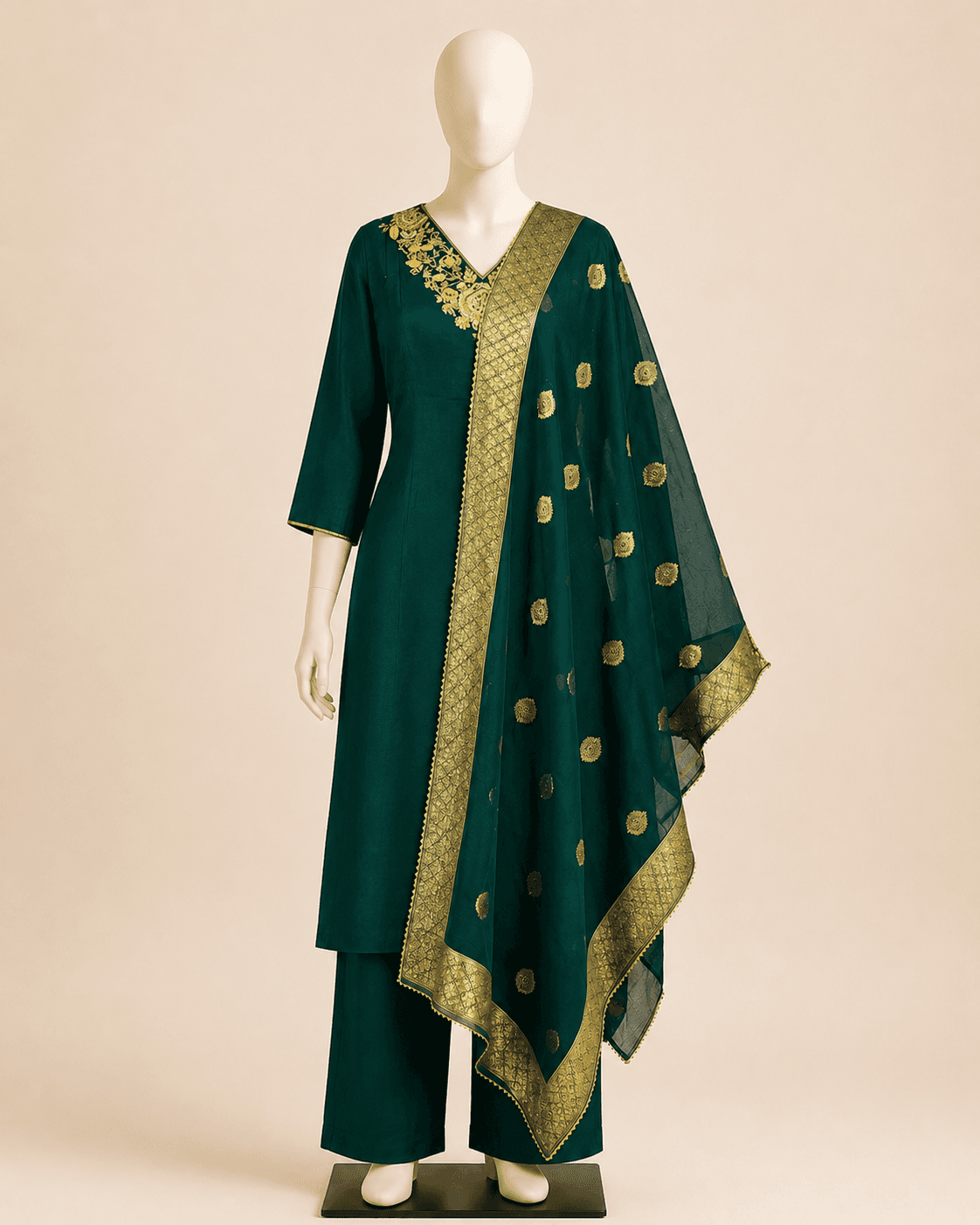 Bottle Green Gold Kurti Set